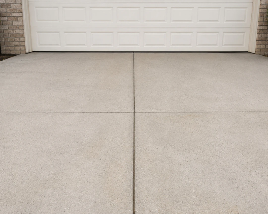 New concrete driveway leading to a white garage door