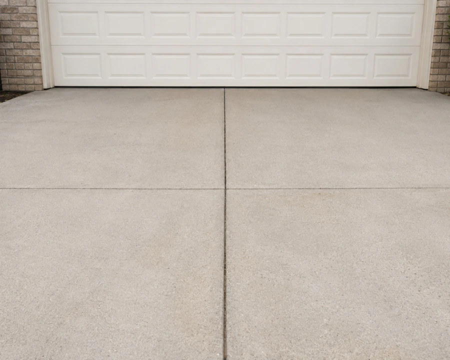 Freshly cleaned residential concrete driveway in front of a brick garage