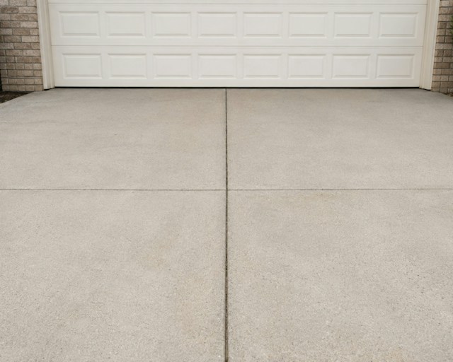 Smooth concrete drive in front of a white garage door
