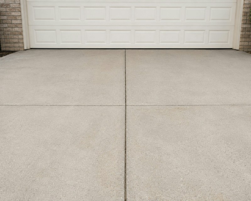 Smooth concrete driveway in front of a white garage door