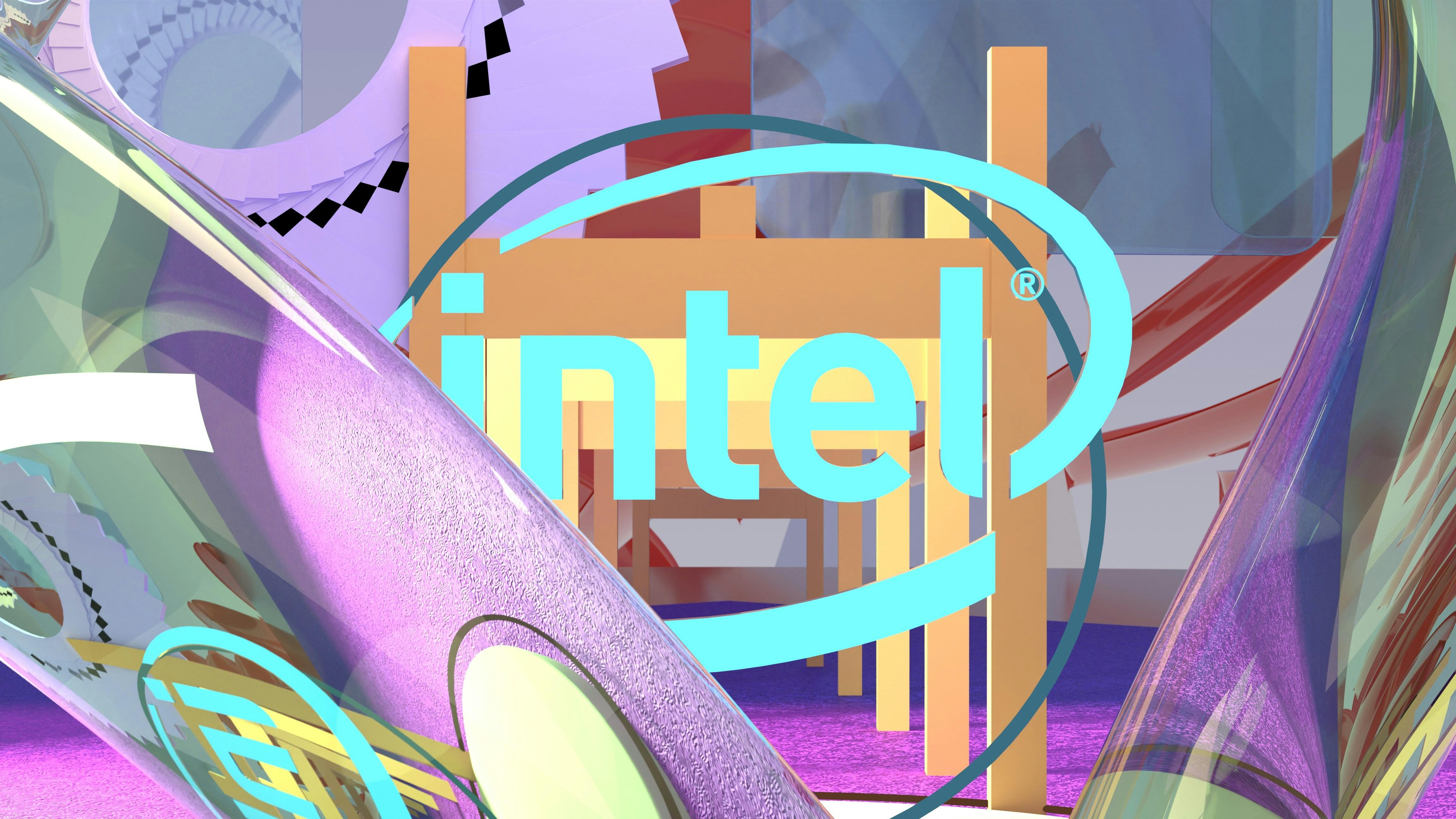Intel logo amidst vibrant, abstract, swirling shapes and structures.