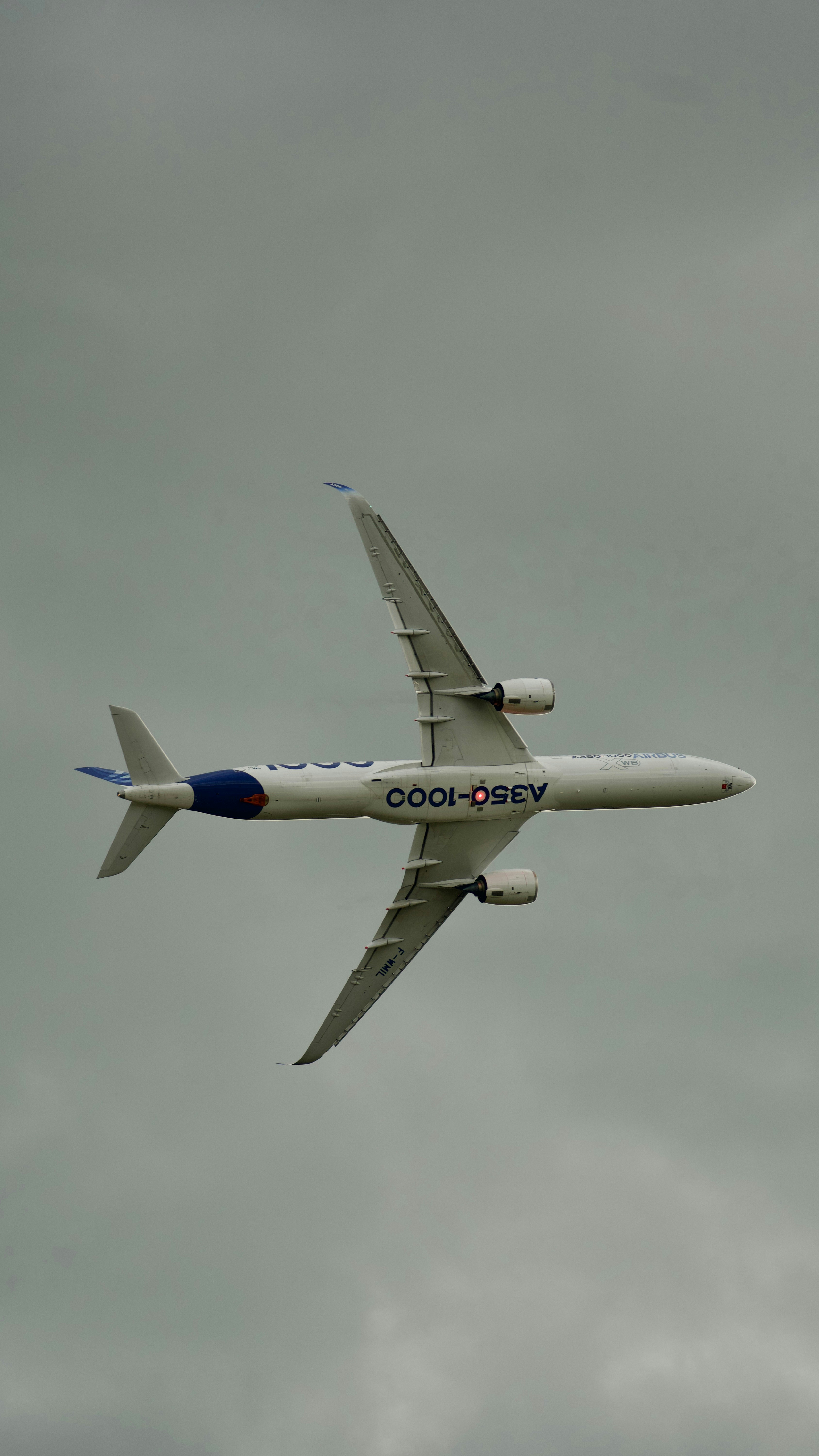 An airbus a350-1000 airplane flying under a cloudy sky.