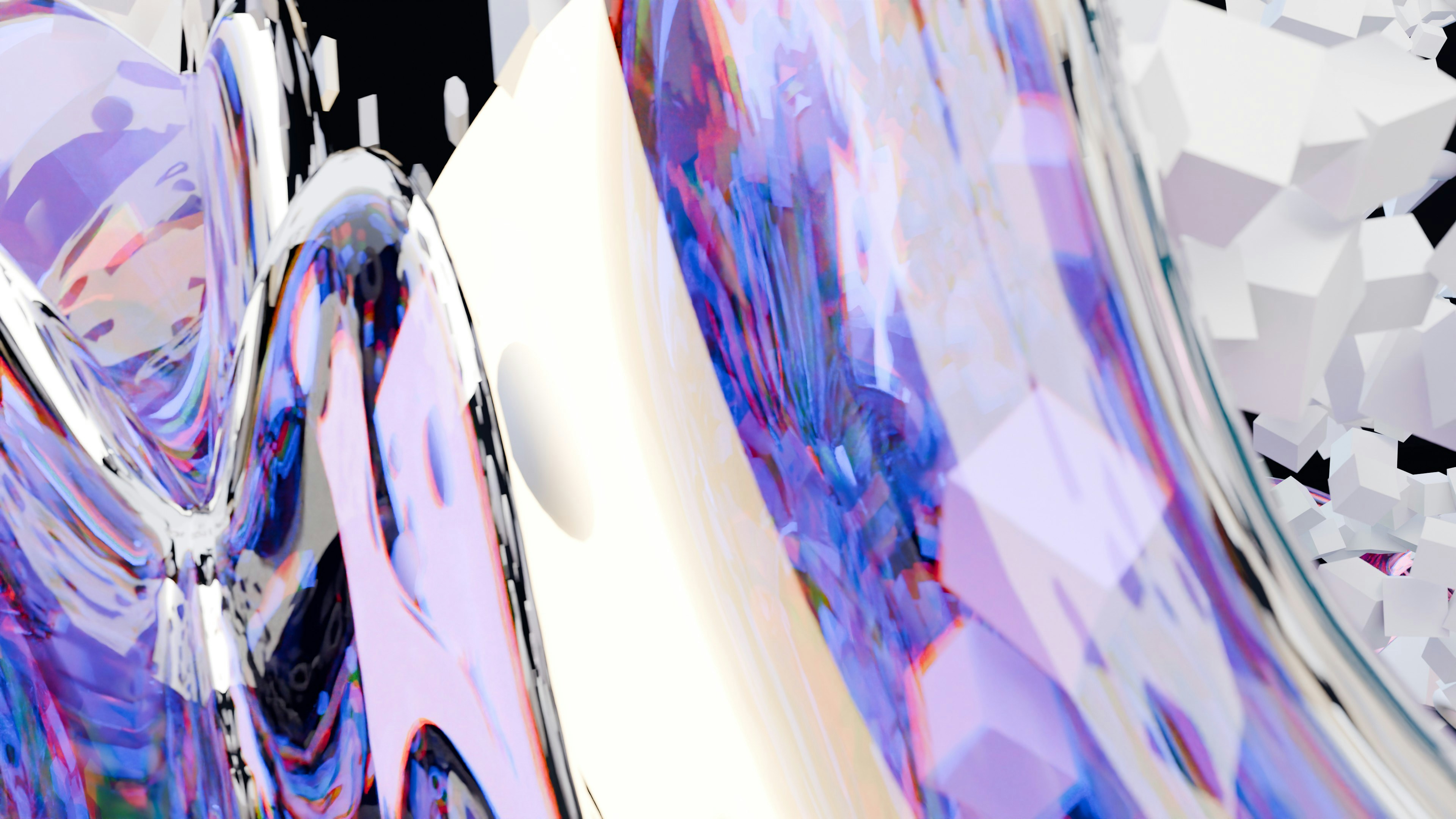 Abstract purple and blue reflective surfaces with white geometric shapes.