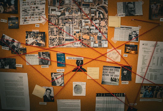 Investigation board with red string connecting photos and documents.