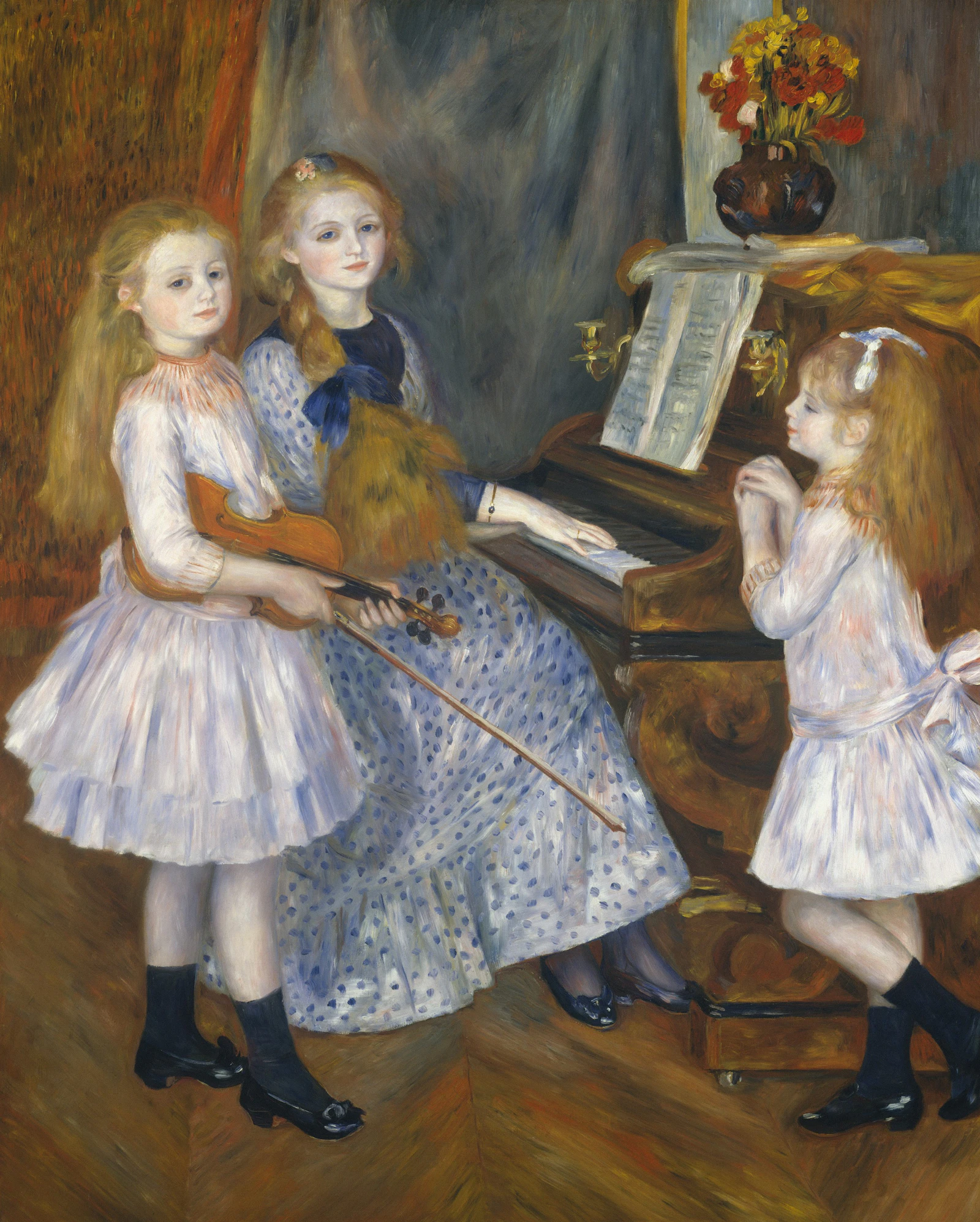 Students rehearsing with piano and violin in the music room