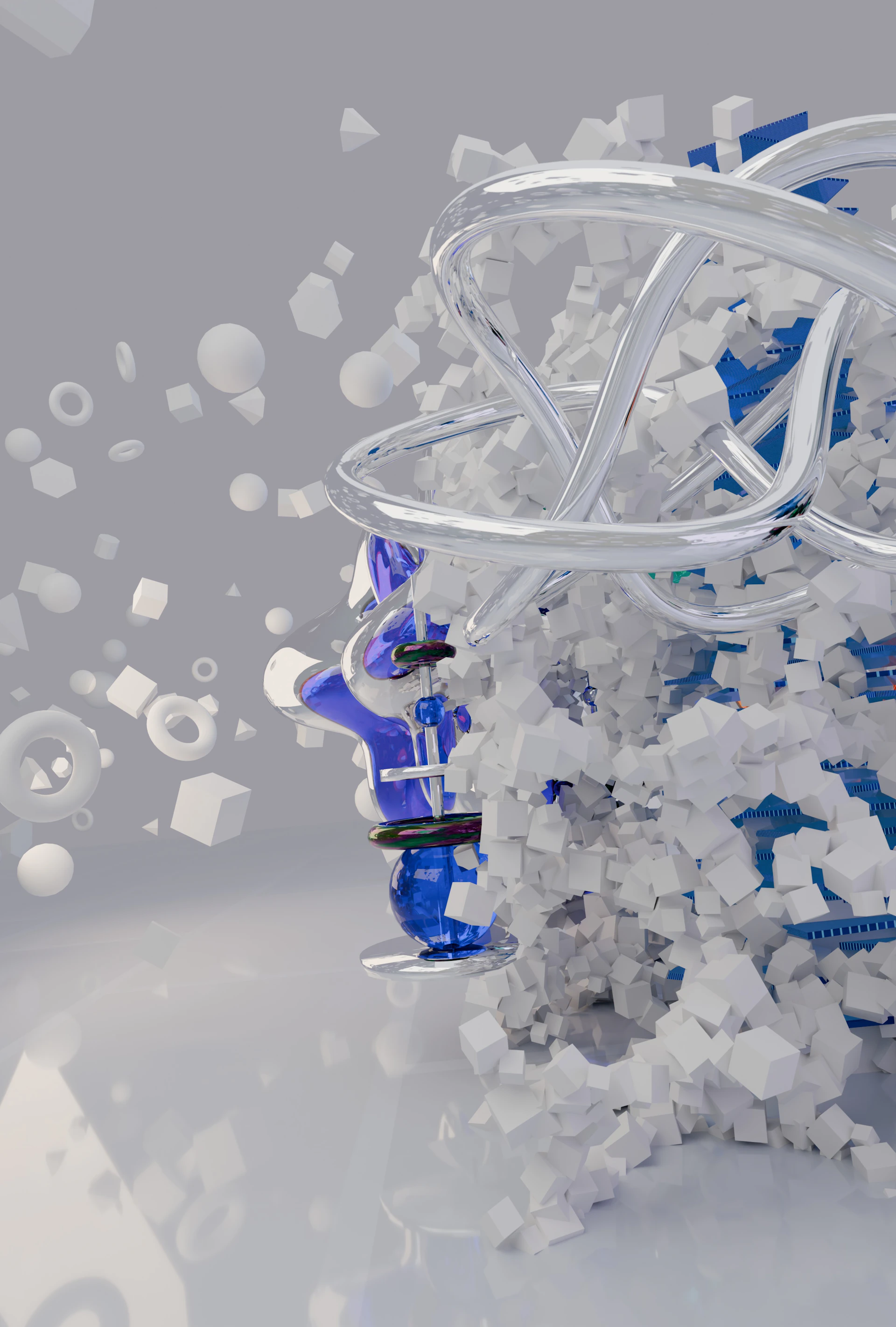 Abstract blue profile disintegrating into white geometric particles.