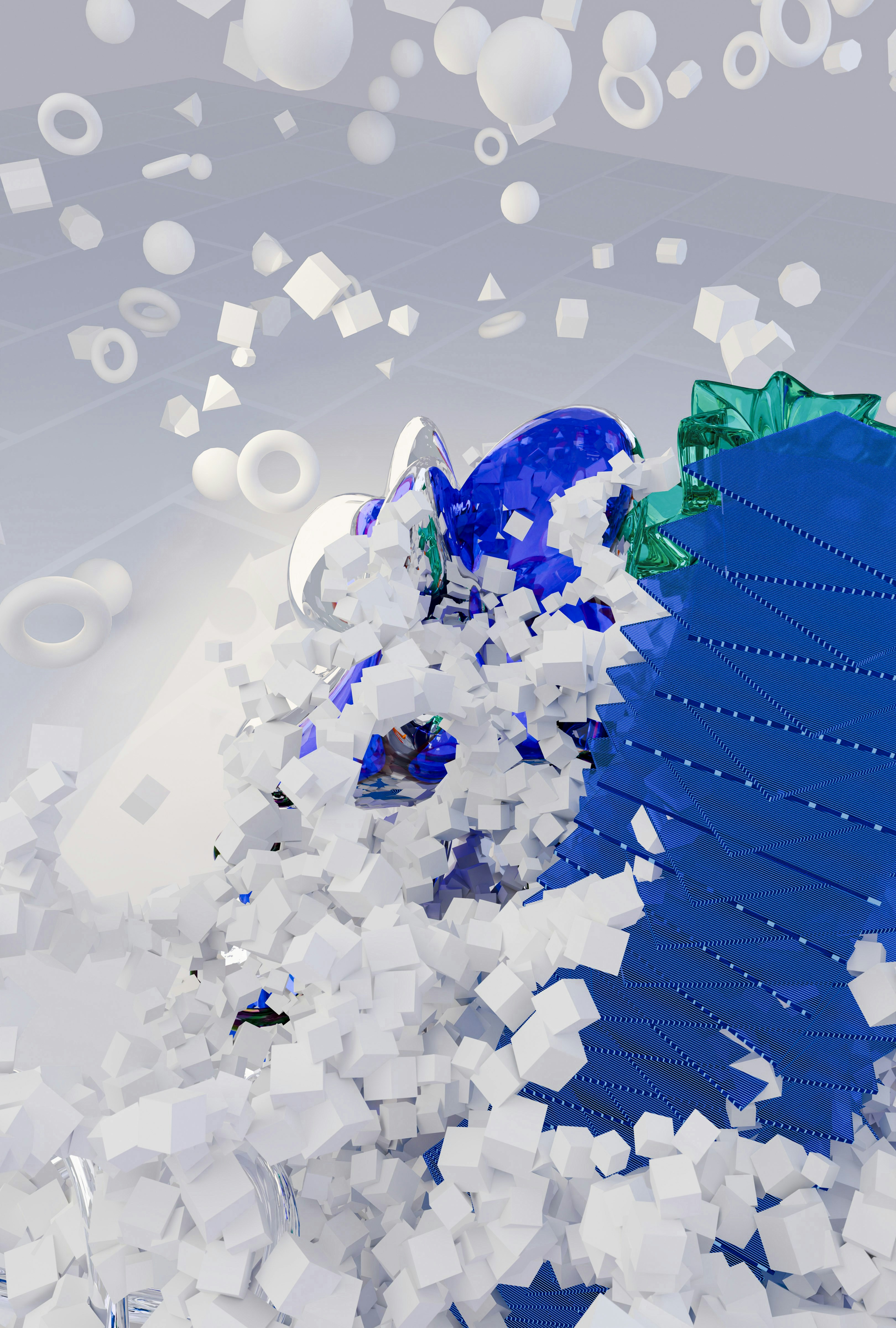 Abstract blue and white geometric shapes exploding