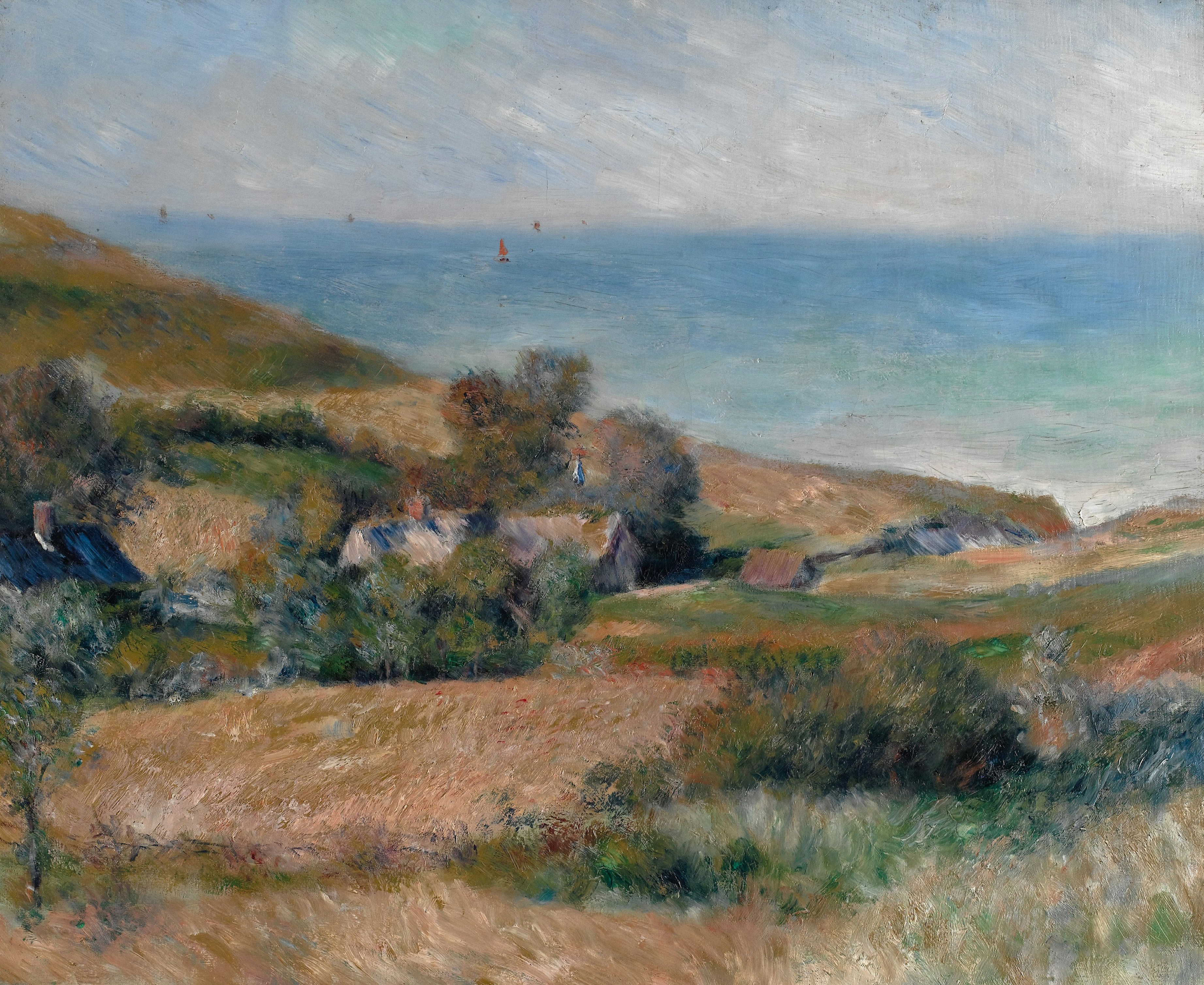 Impressionistic painting of houses on a hillside overlooking the ocean