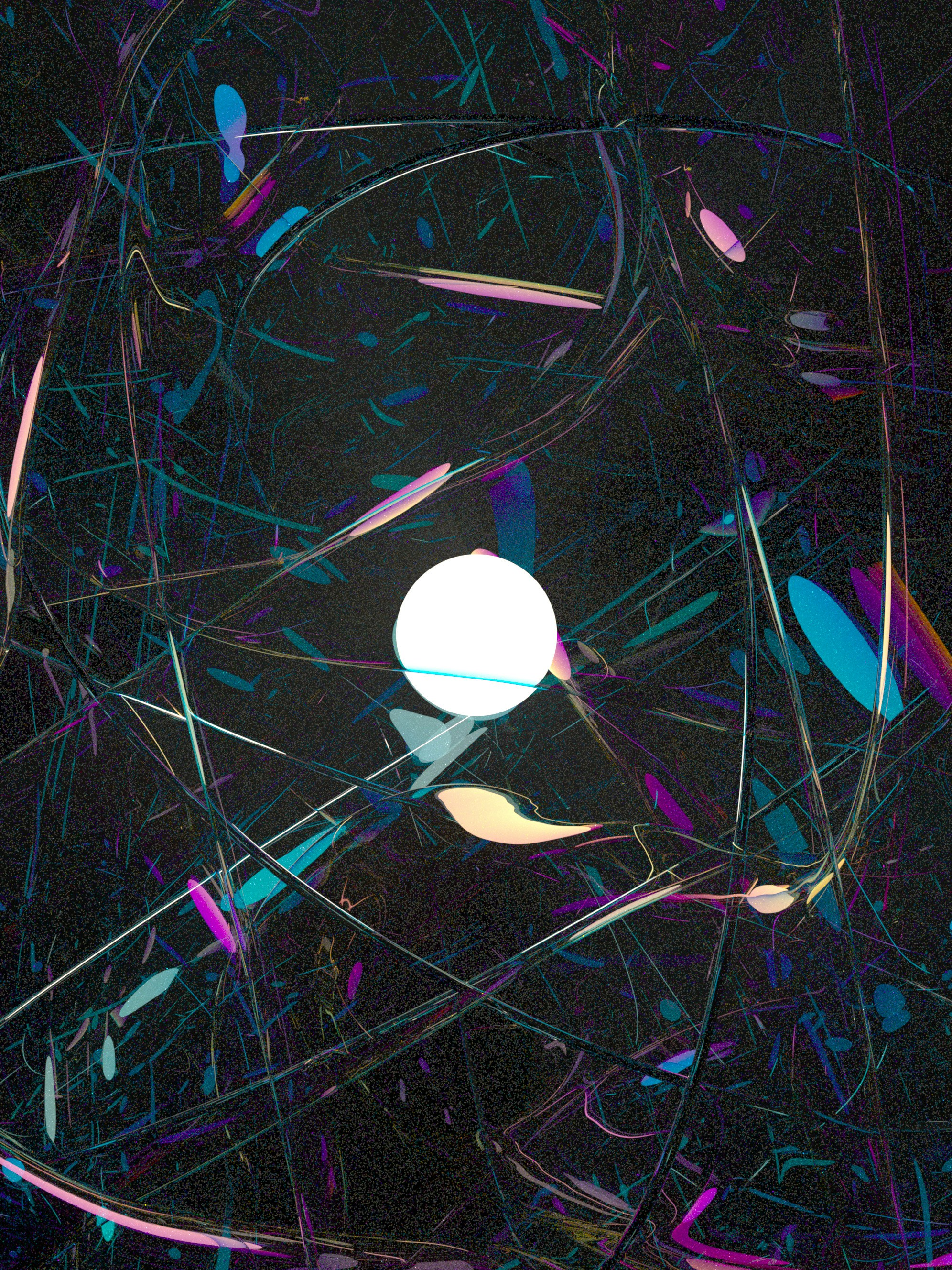 Abstract colorful lines surround a central white circle on black