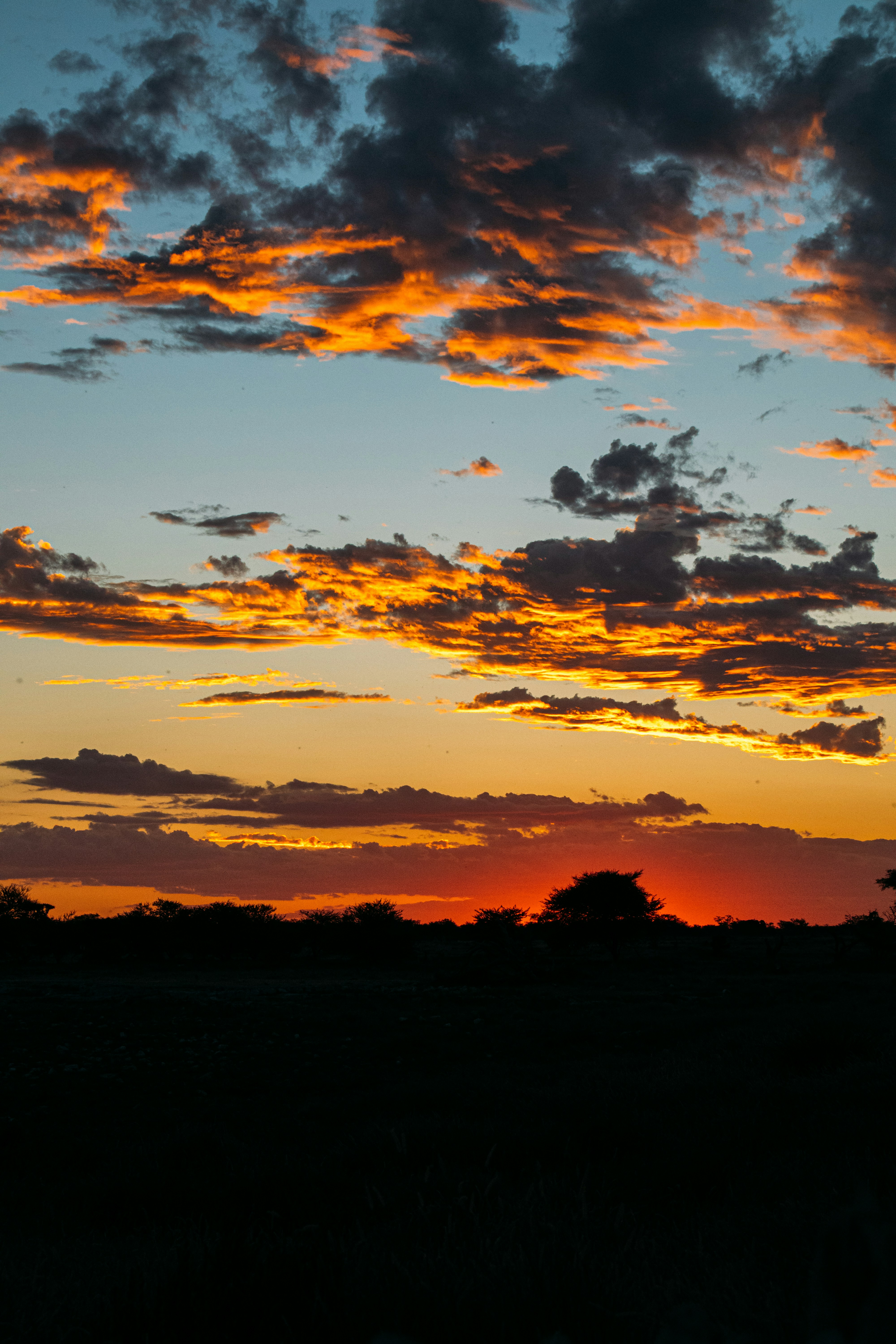 A vibrant sunset with orange clouds over a dark horizon.