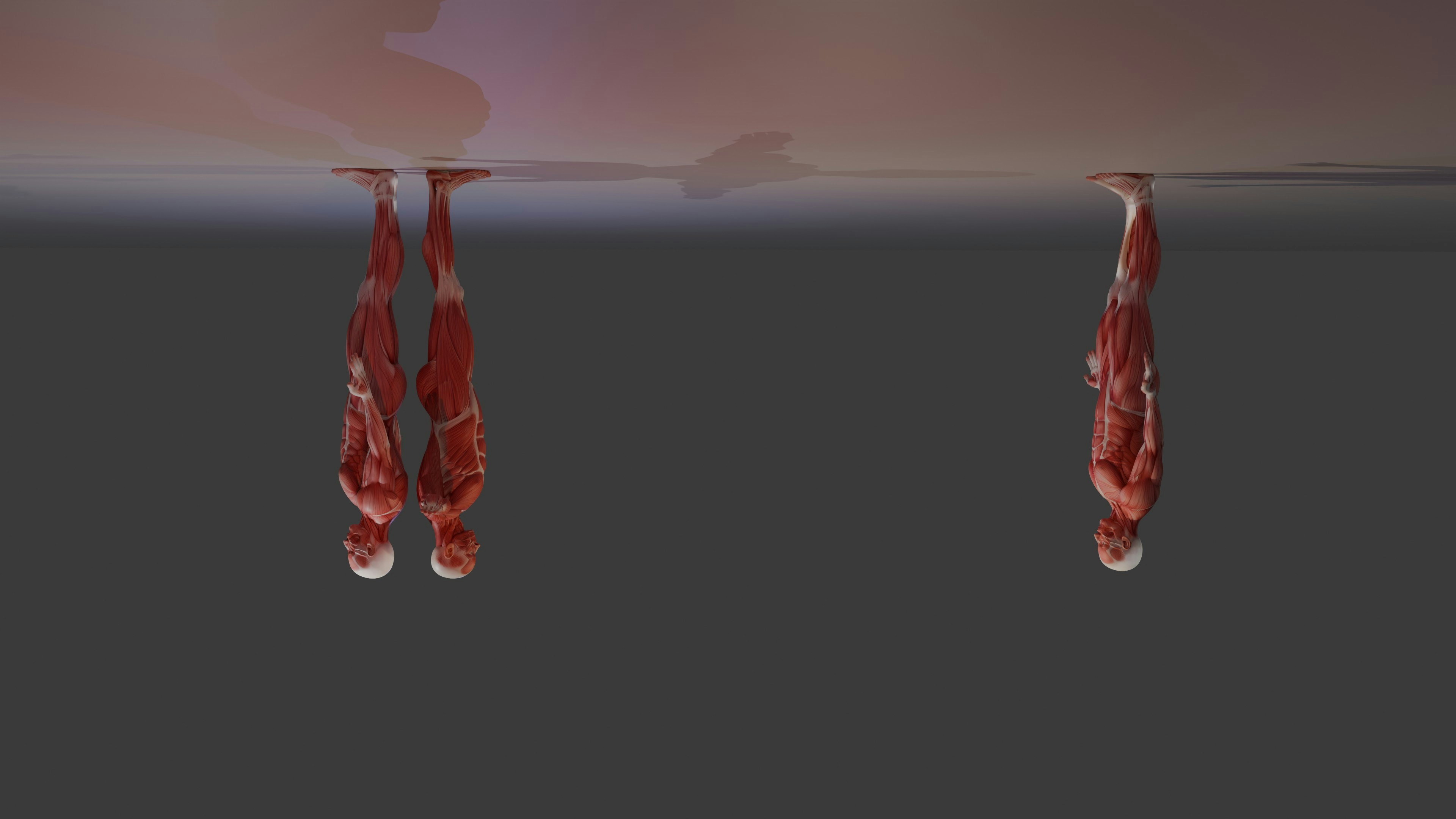 Abstract red figures suspended upside down with reflections