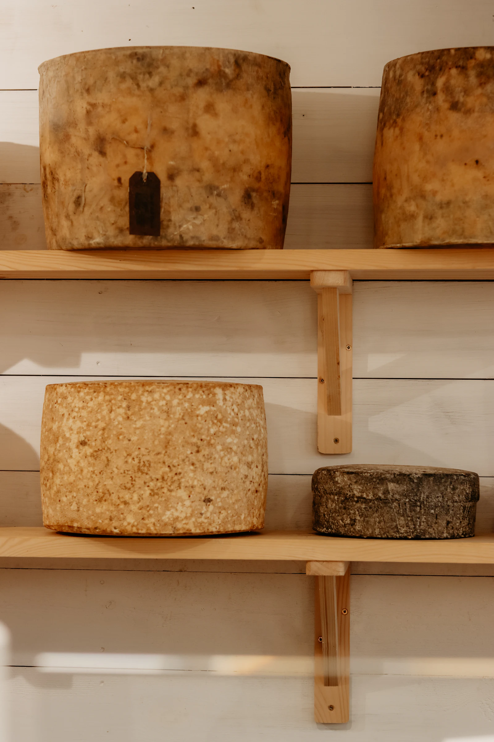 Grandes meules de fromage en cours d'affinage sur des étagères de bois (image d'illustration)