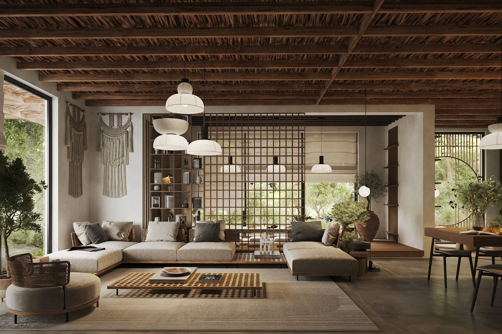 Spacious living room with a large sofa and rustic decor.