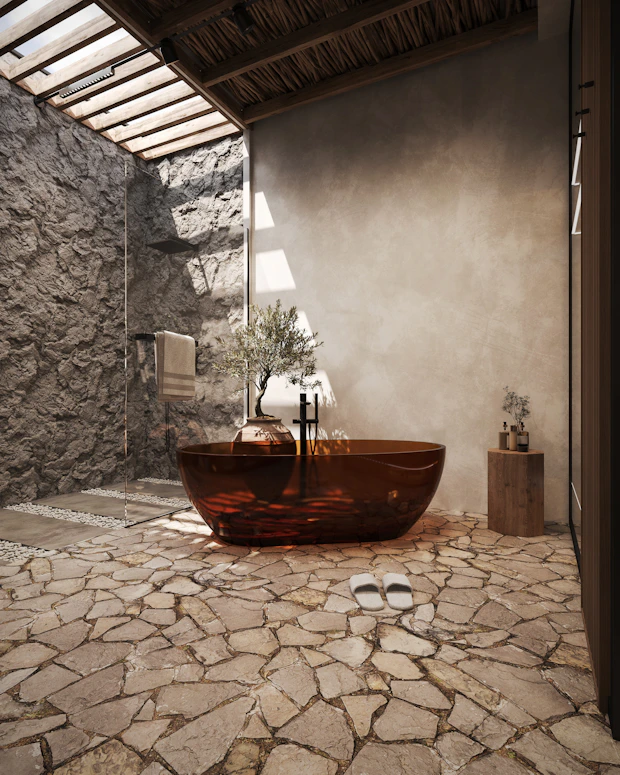 Spa with copper bathtub and warm stone architecture