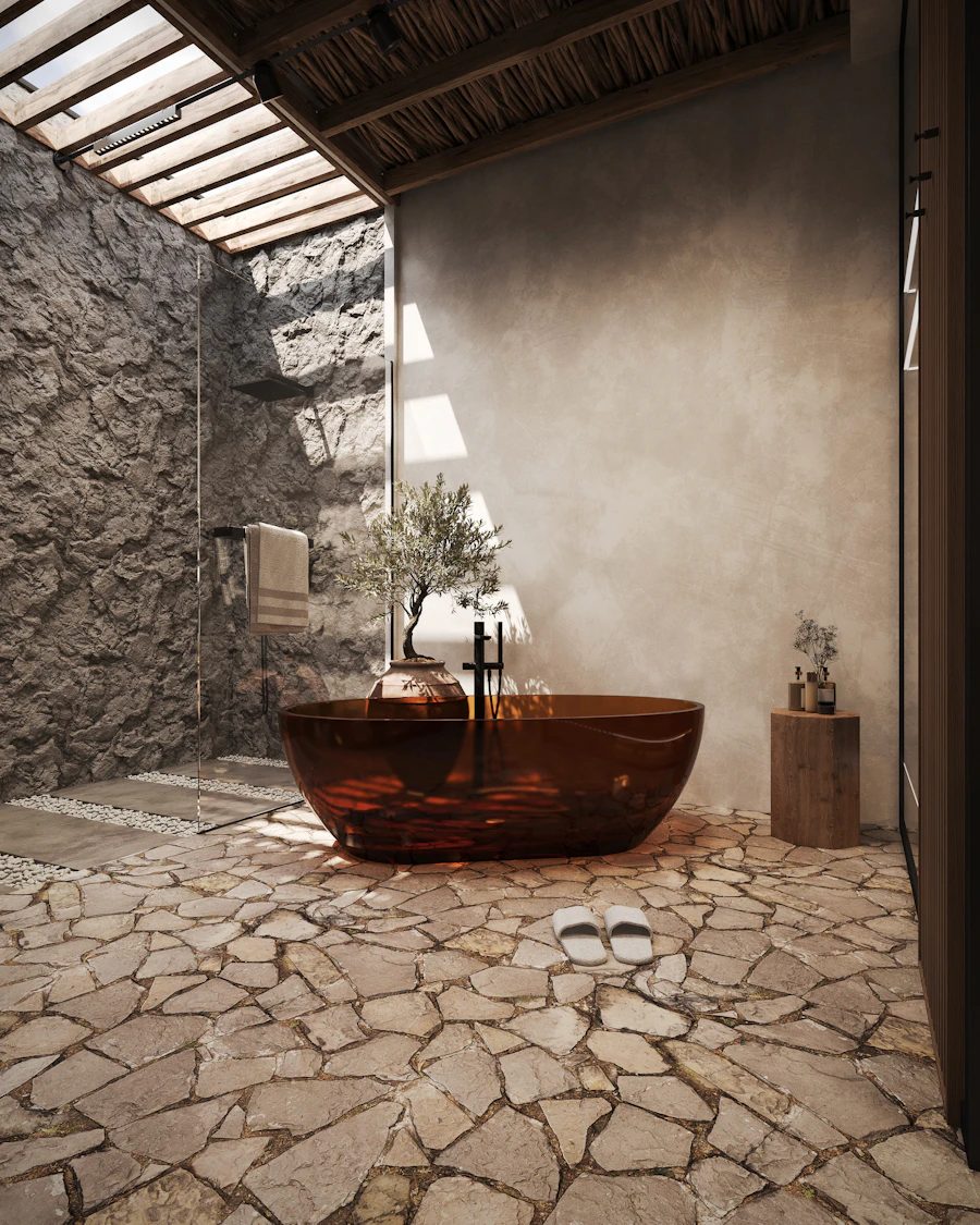 Warm-toned interior with stone wall