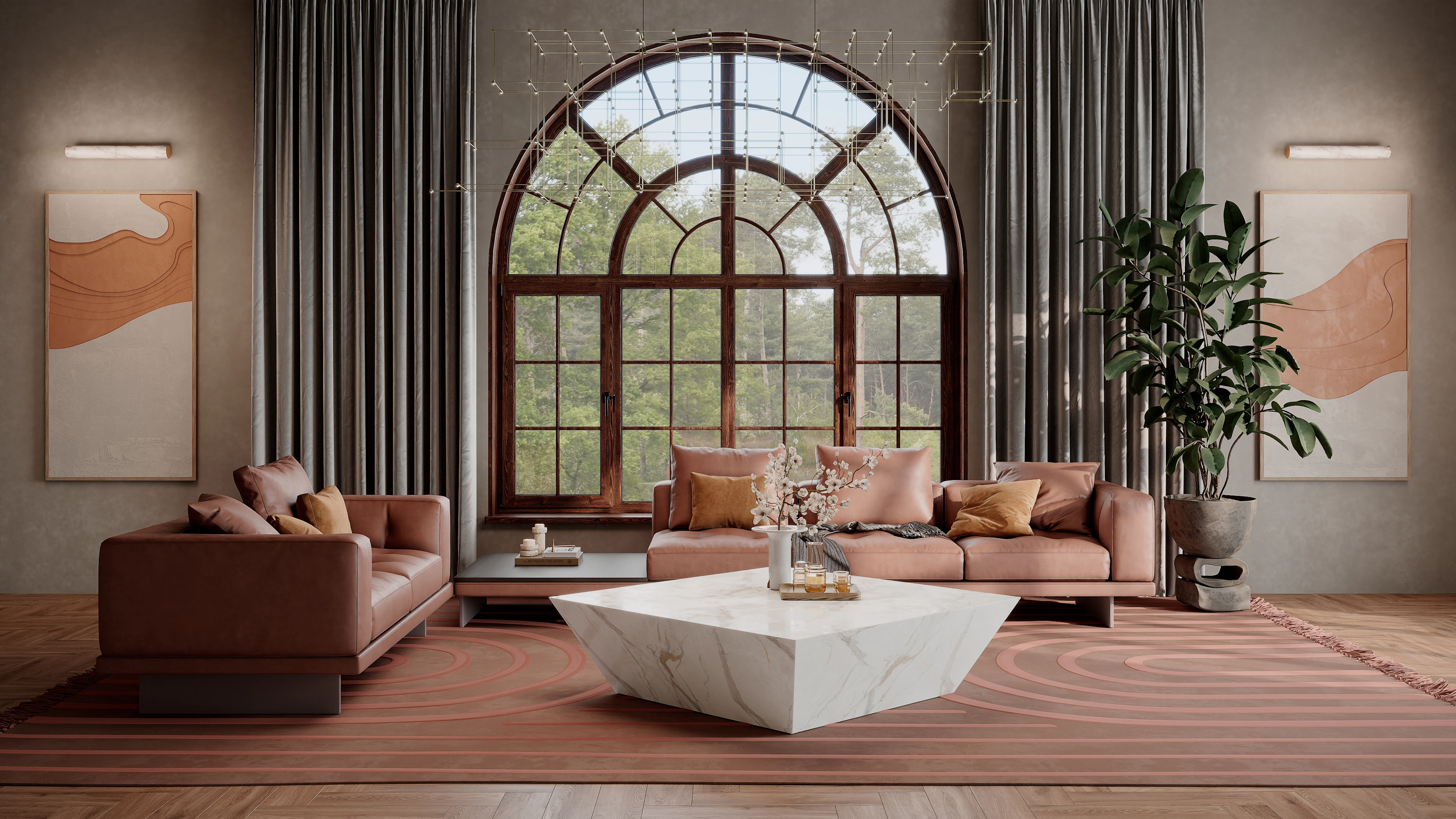 Suite living room with sofas and a tall arched window