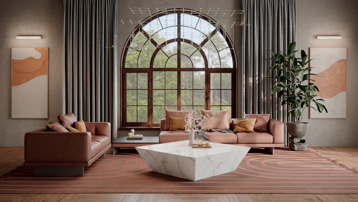 Elegant living room with sofas and an arched window