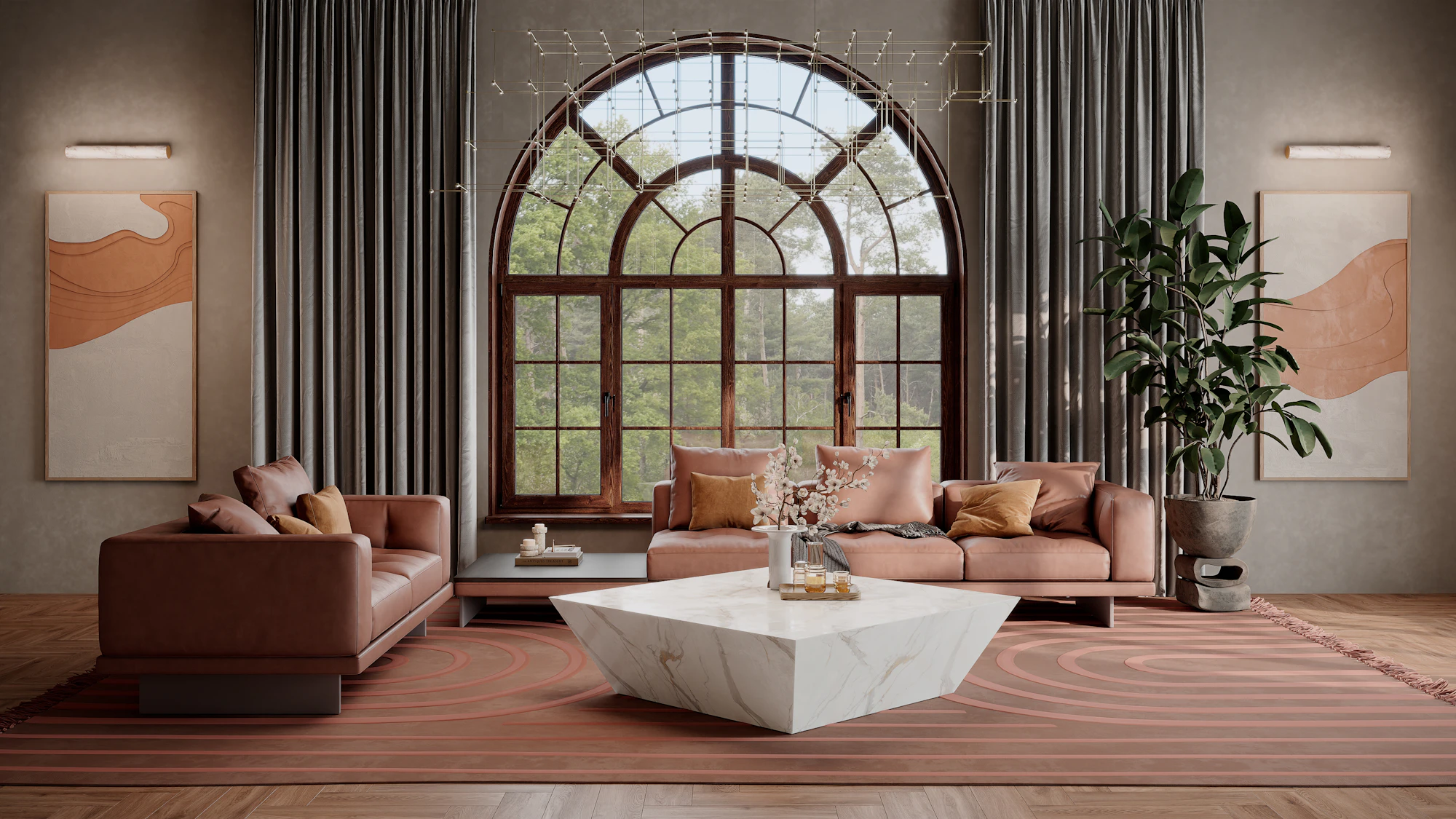 A softly lit reception room with tall arched windows, pale upholstered sofas and a low marble table.
