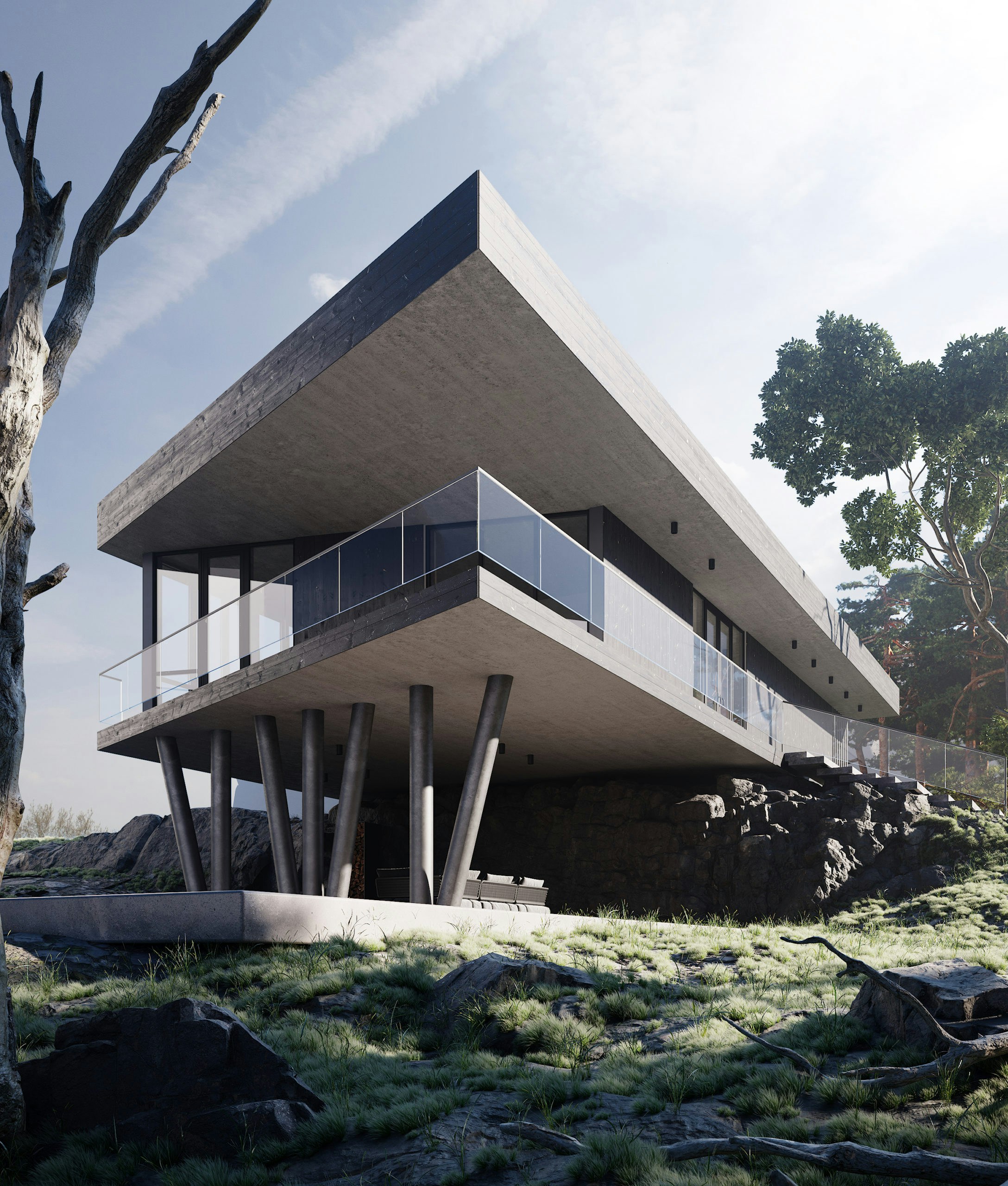 Modern concrete house on stilts amidst rocky, green landscape.