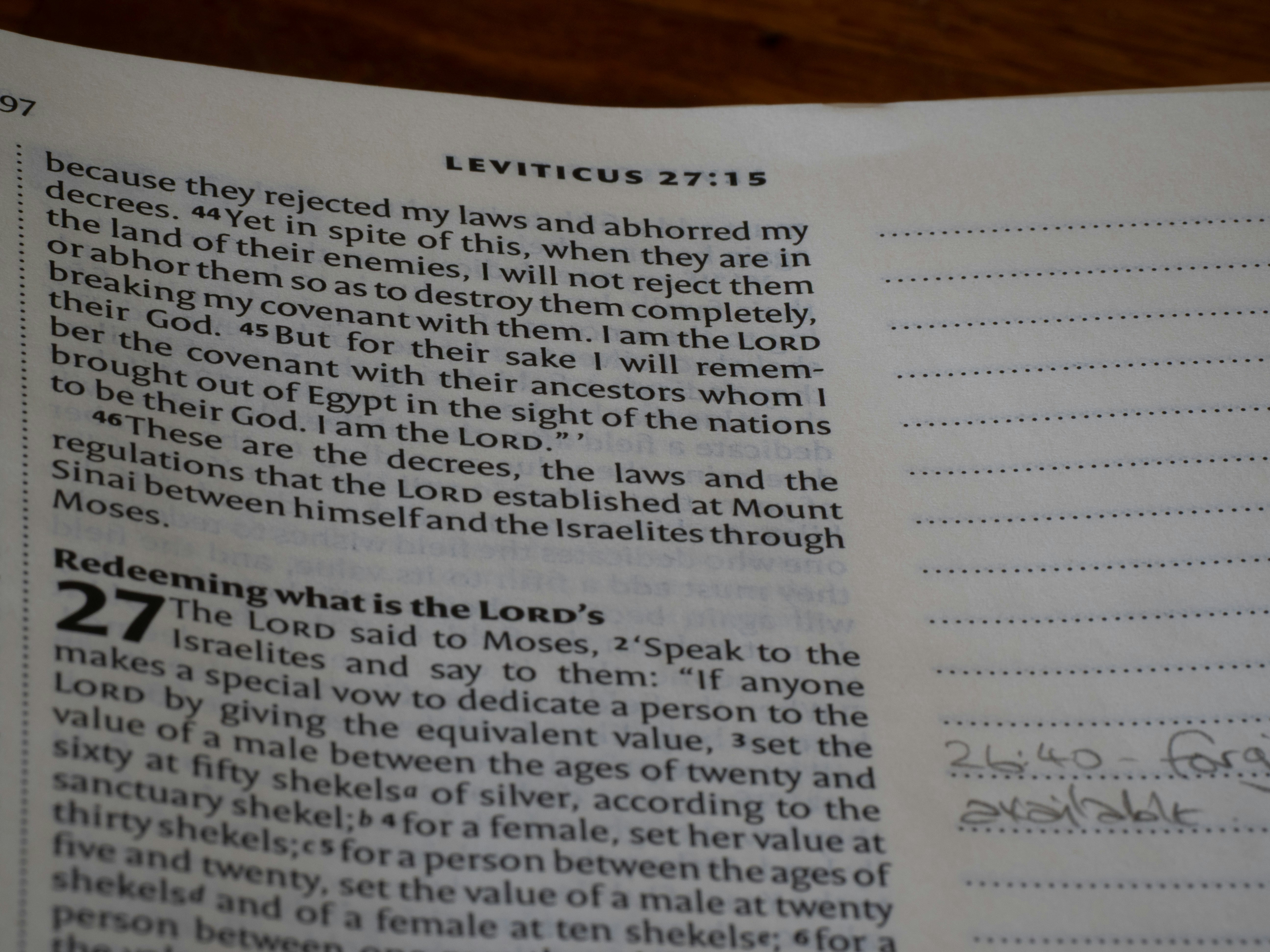 Bibel mit handschriftlichen Notizen auf Levitikus geöffnet.