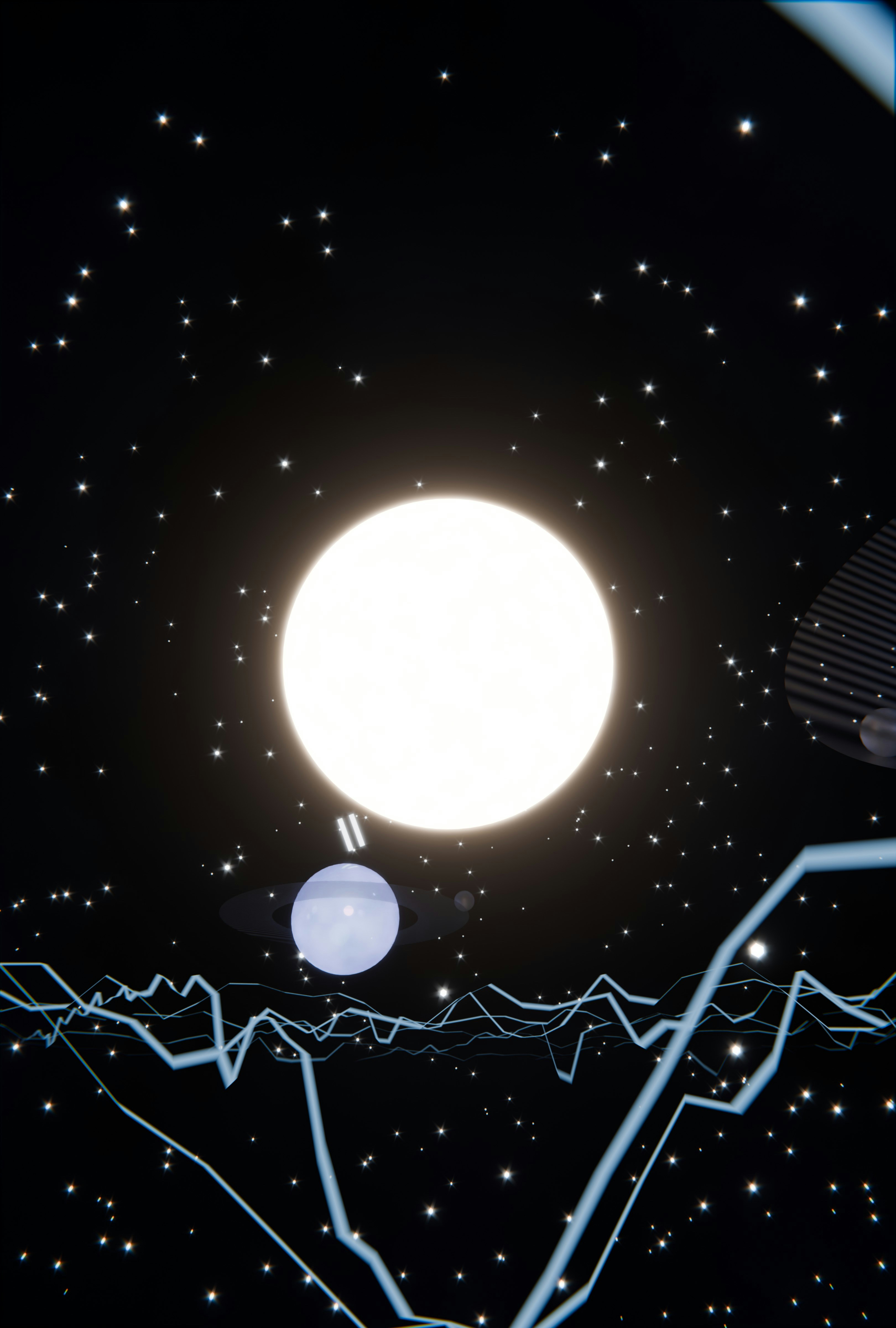 Un soleil éclatant, des étoiles et des lignes bleues lumineuses dans l’espace.