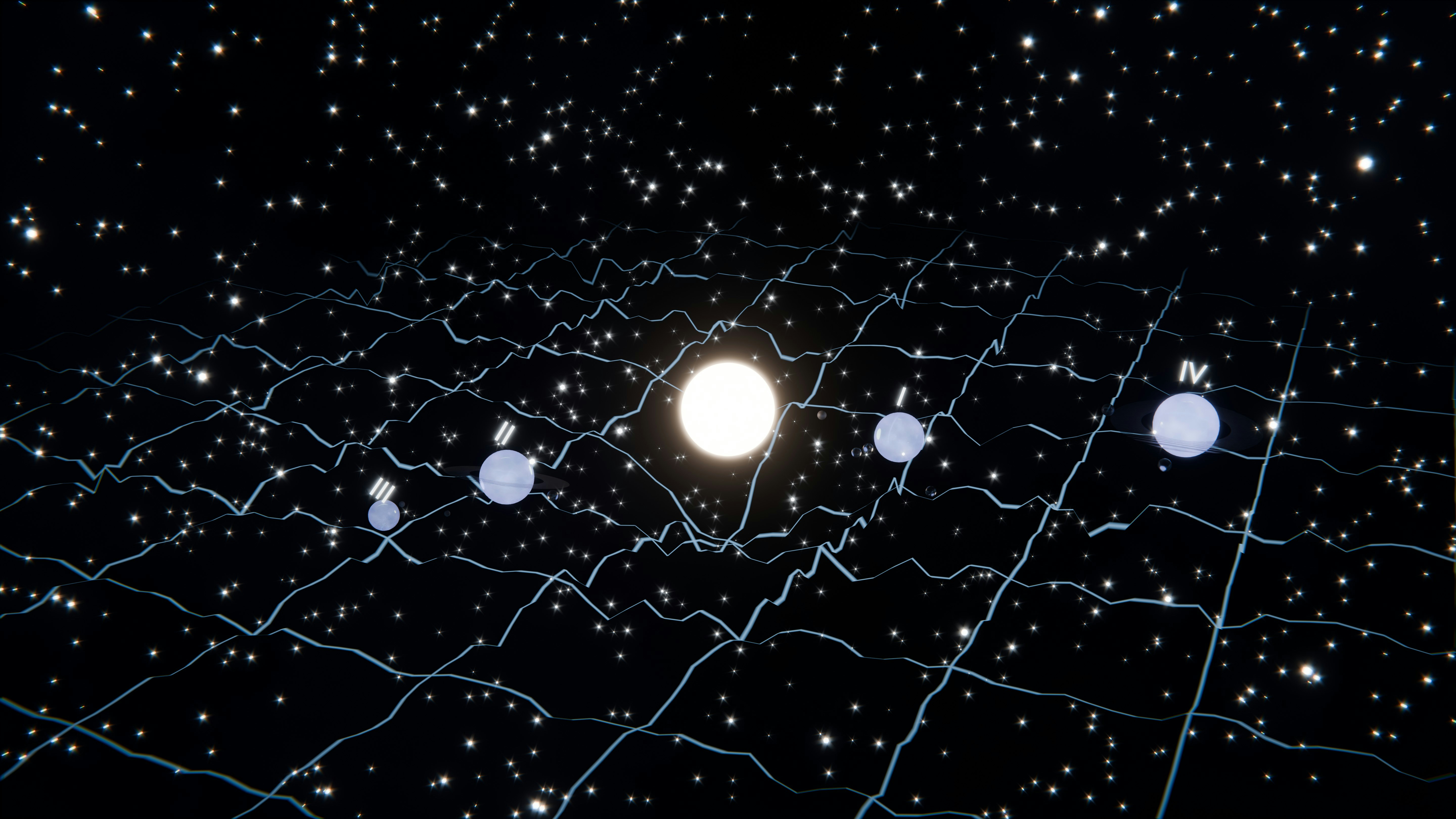 A central star distorts spacetime with orbiting planets.