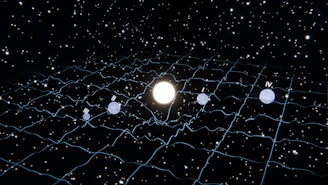 A central star distorts spacetime with orbiting planets.