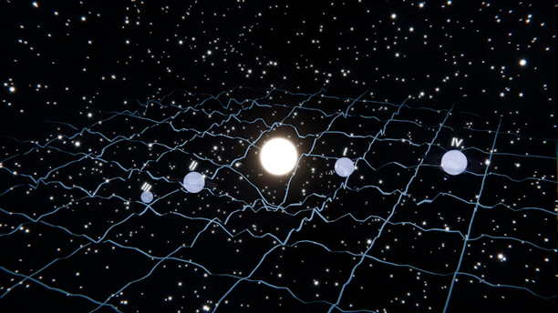 A central star distorts spacetime with orbiting planets.