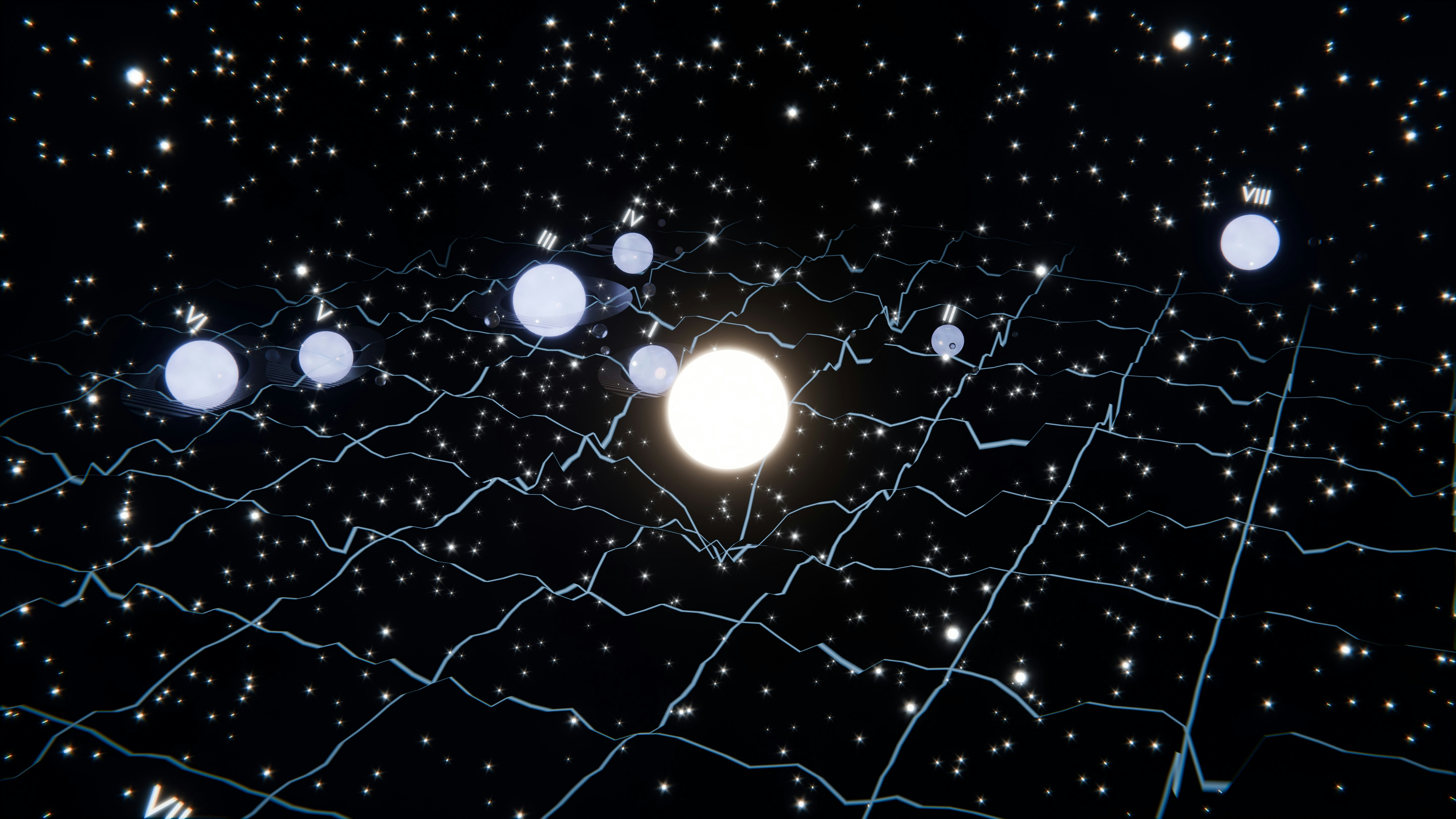 Glowing Spheres on a Curved Grid Representing