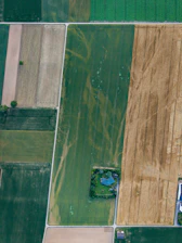 Aerial view of diverse agricultural fields with a small farm.