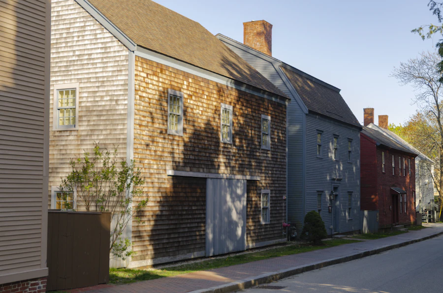 Old shingled and clapboard houses along a street
