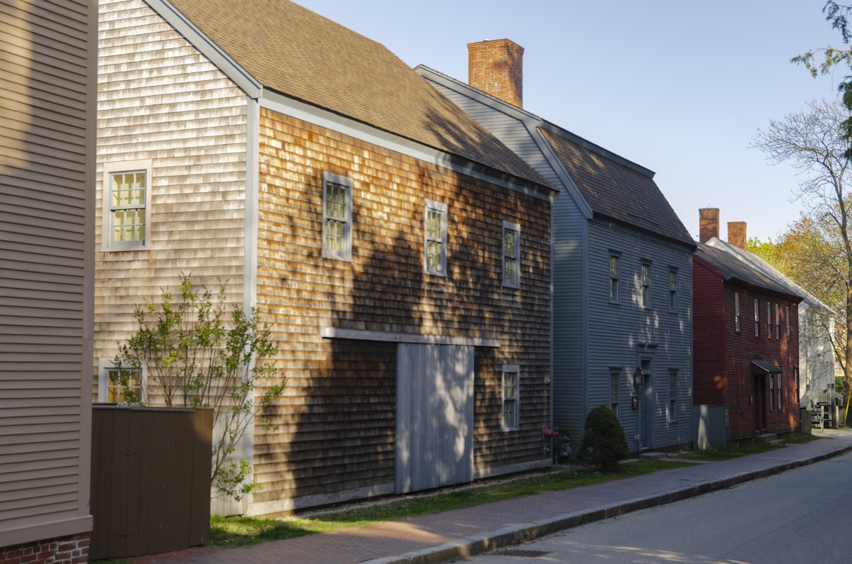 Colorful historic homes line a sunny, tree-shaded residential street