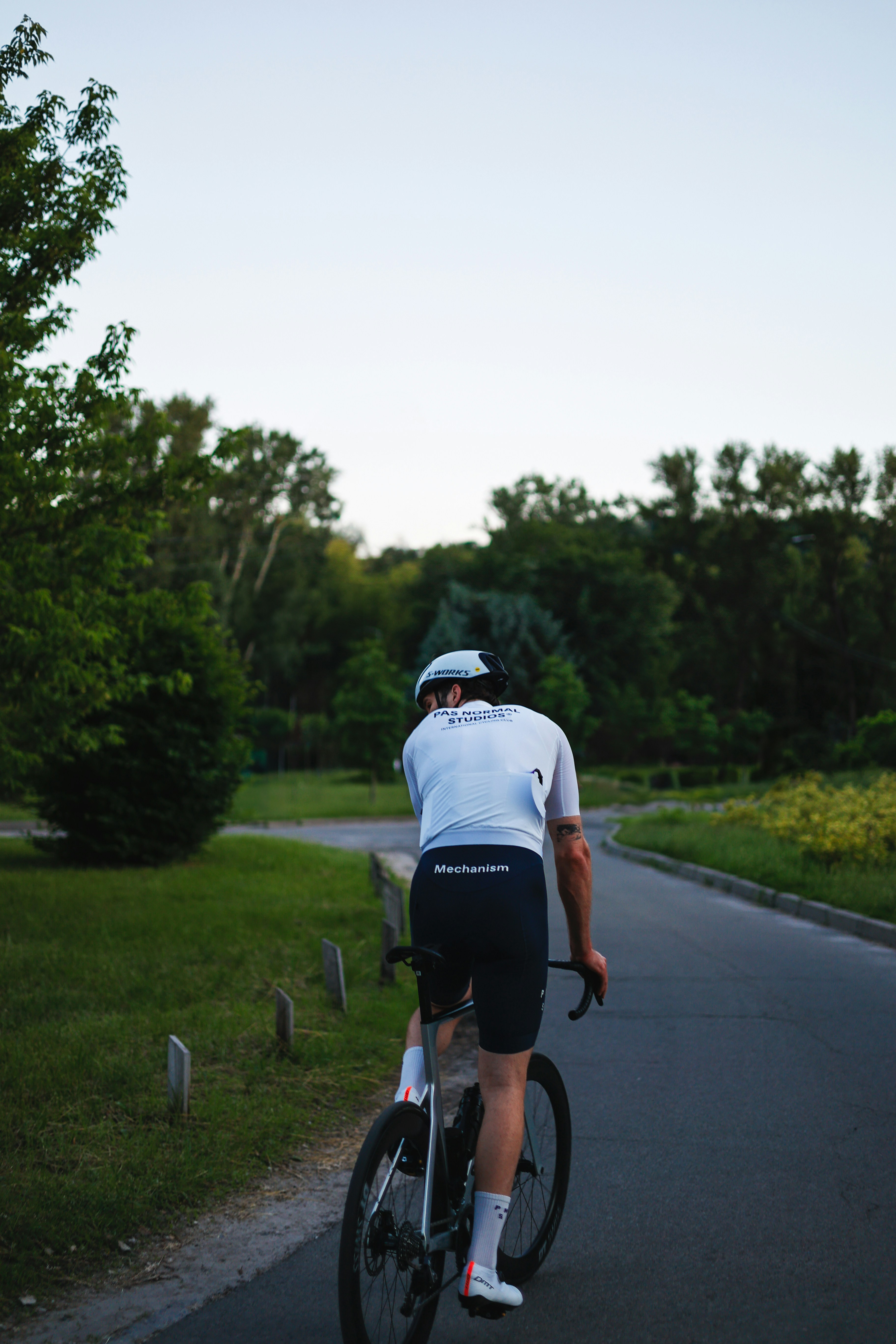 Cyclist riding a bike on a road with green trees