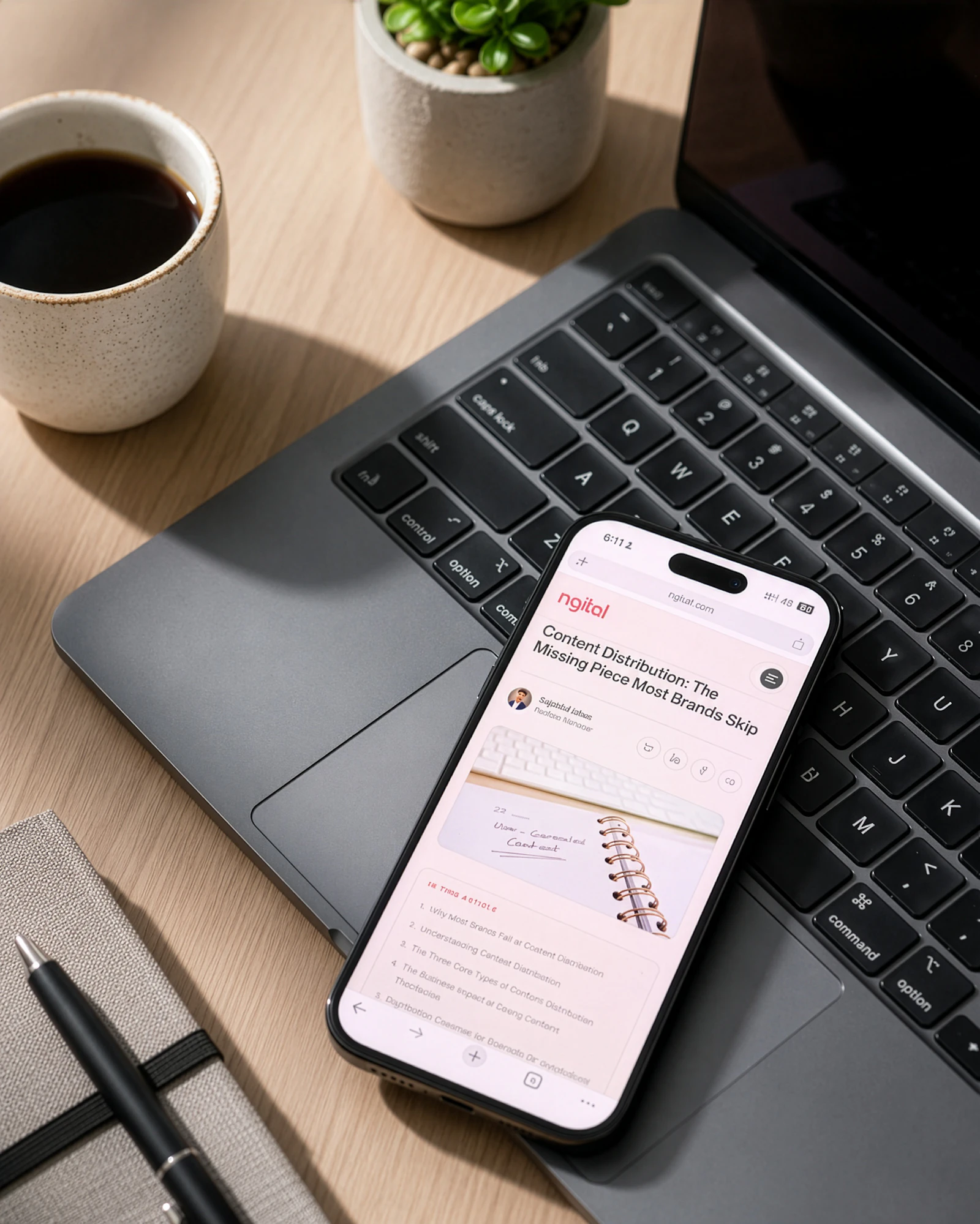 Laptop and smartphone used to plan affiliate content and digital marketing