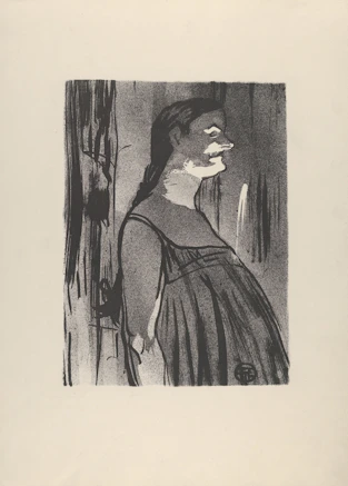 Woman's profile in a dark, textured grayscale drawing