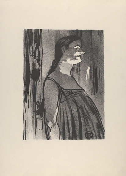 Woman's profile in a dark, textured grayscale drawing