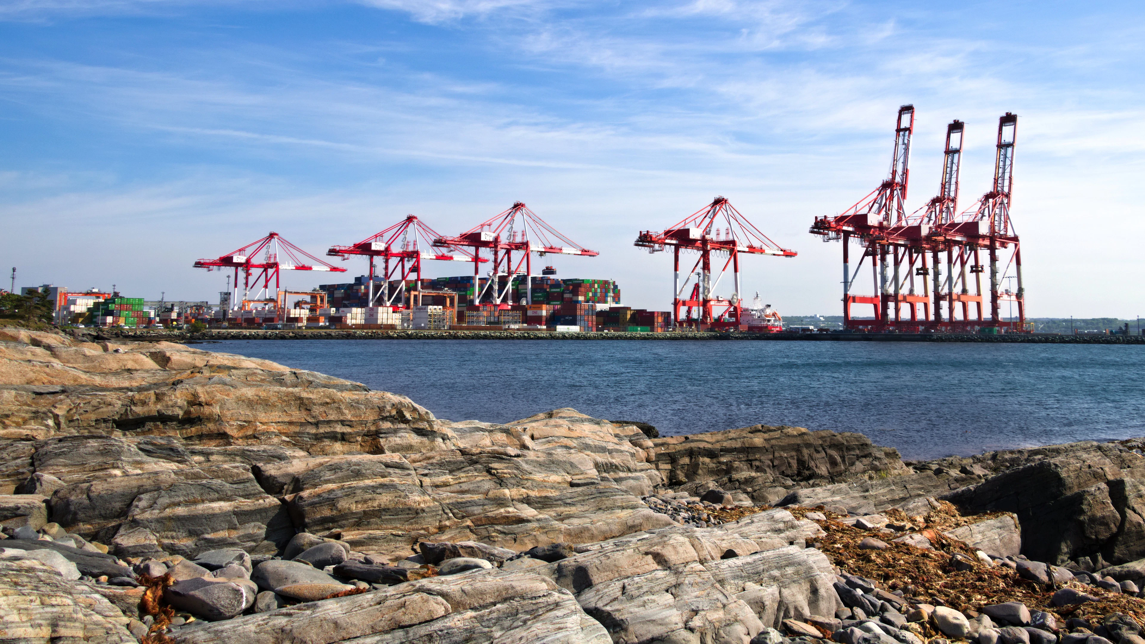 Les grues rouges du port à conteneurs d’Halifax, vues depuis la côte rocheuse du parc Point Pleasant