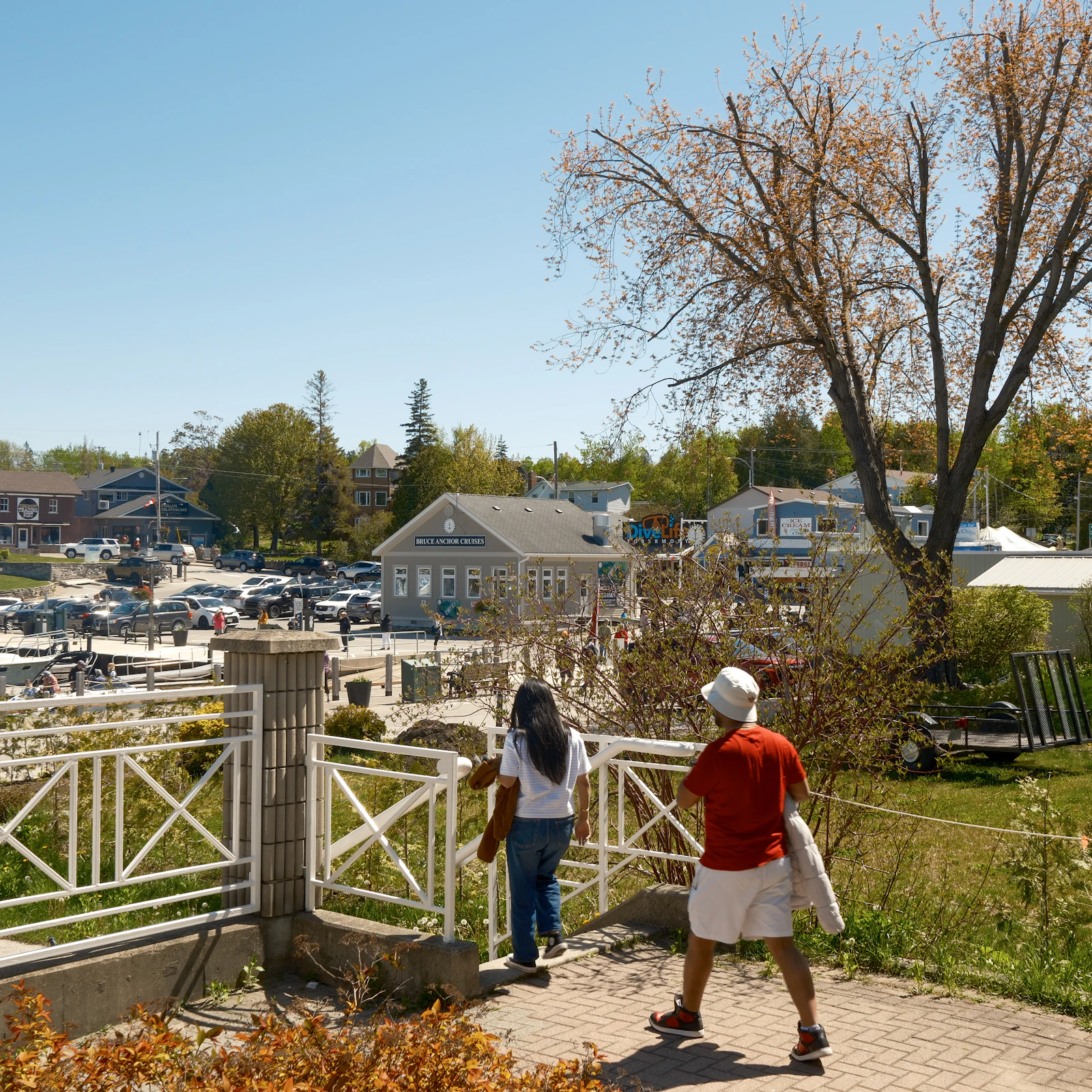 People walking a path above a sunny harbour town