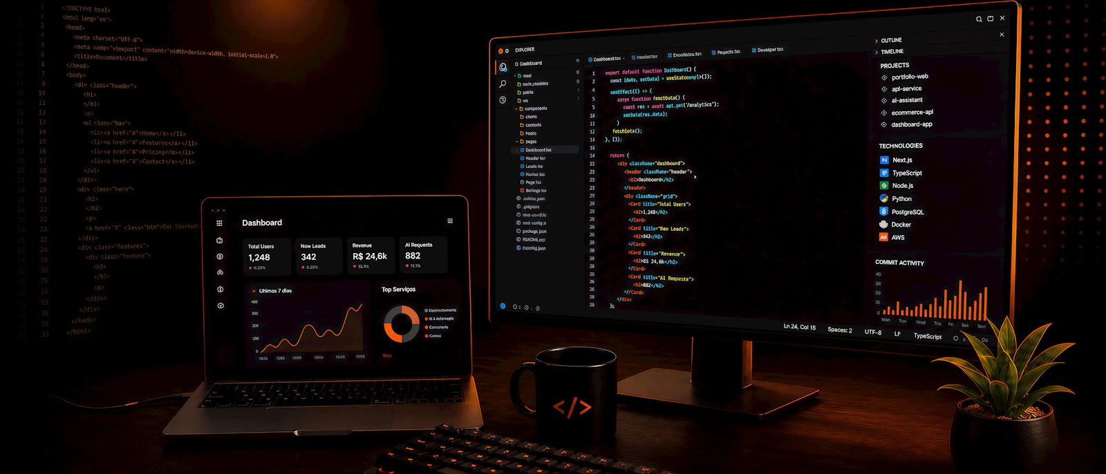Dark workspace with laptop, monitor displaying code, and plant