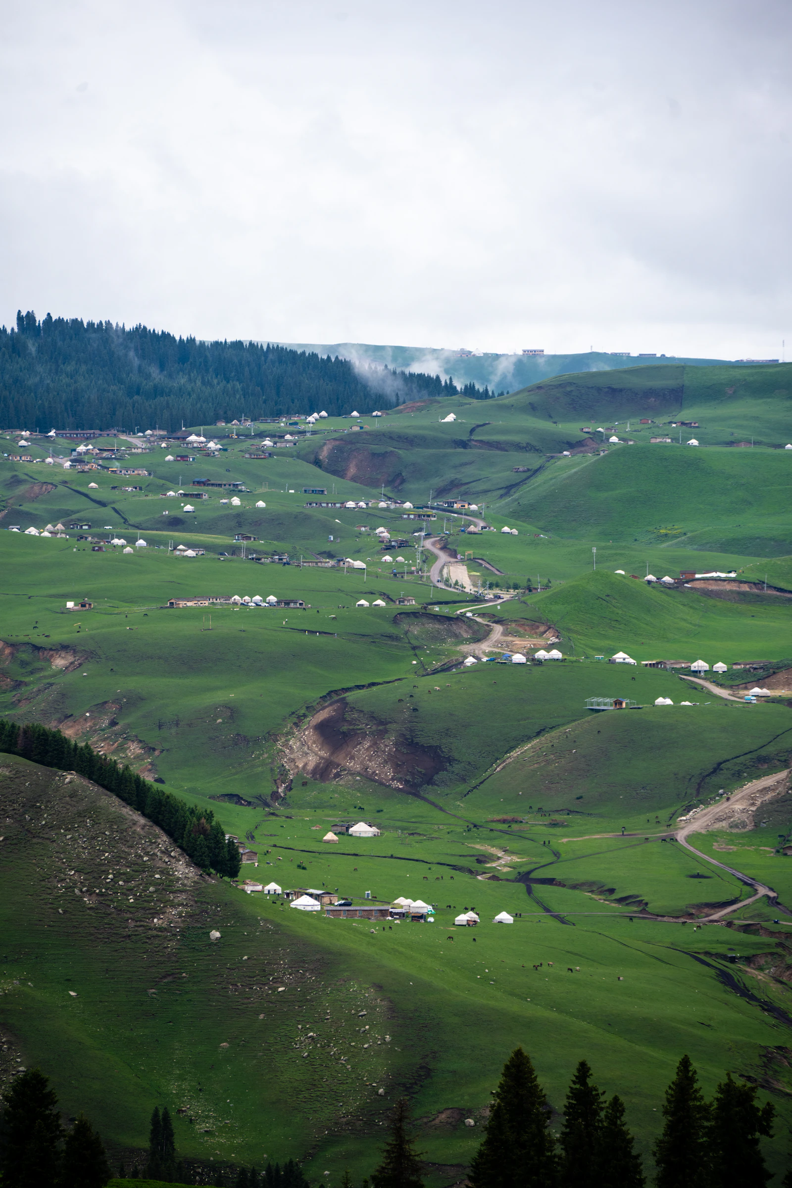 Dome and modular eco-village homes on green hills