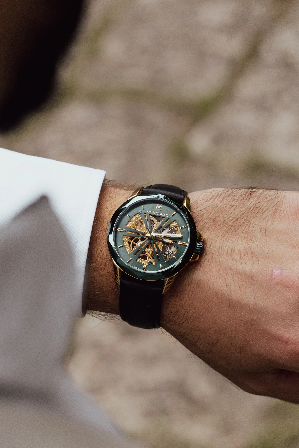 Close-up of an elegant mechanical watch on a man's wrist