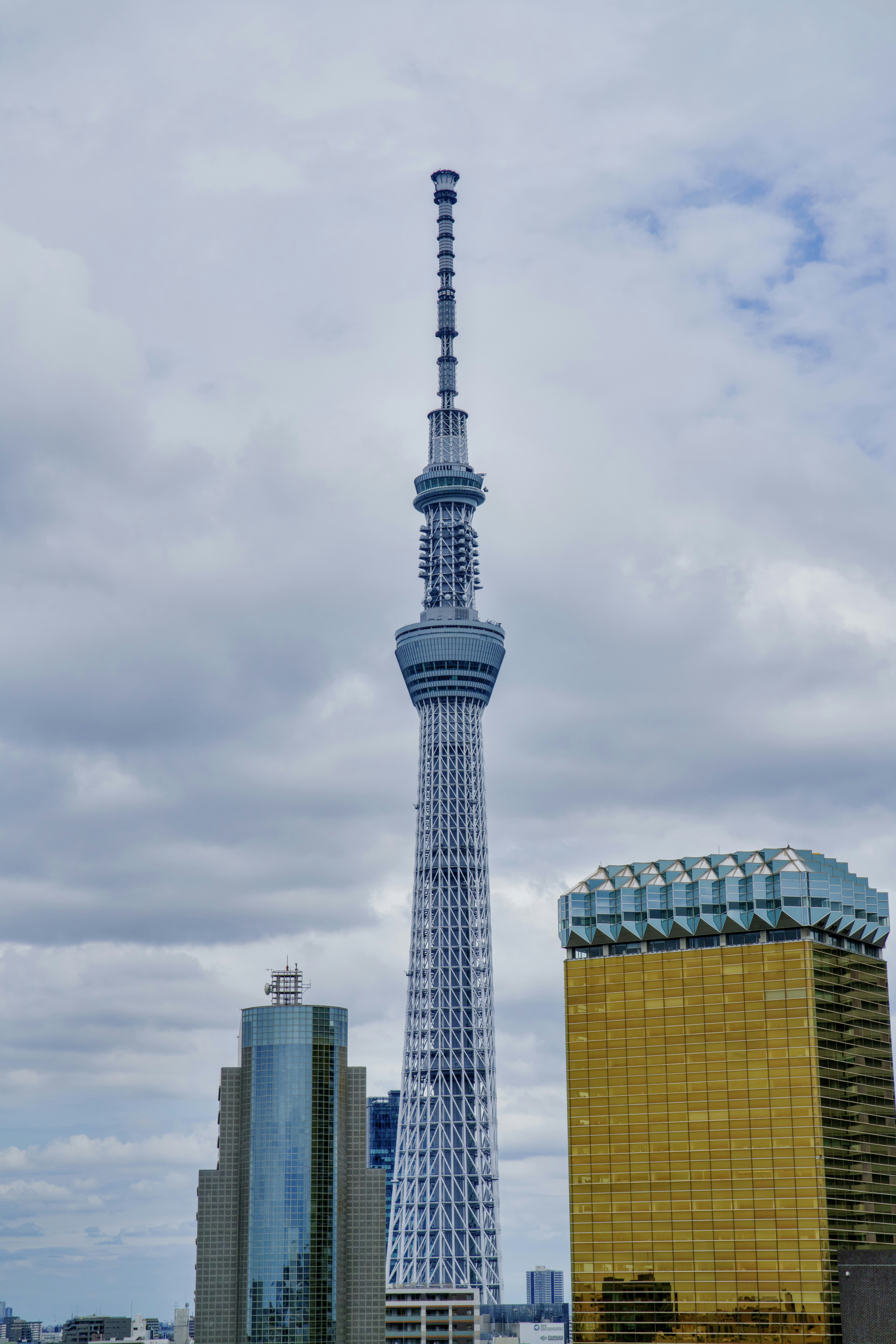 Tokyo skytree towering over city buildings under a cloudy sky.