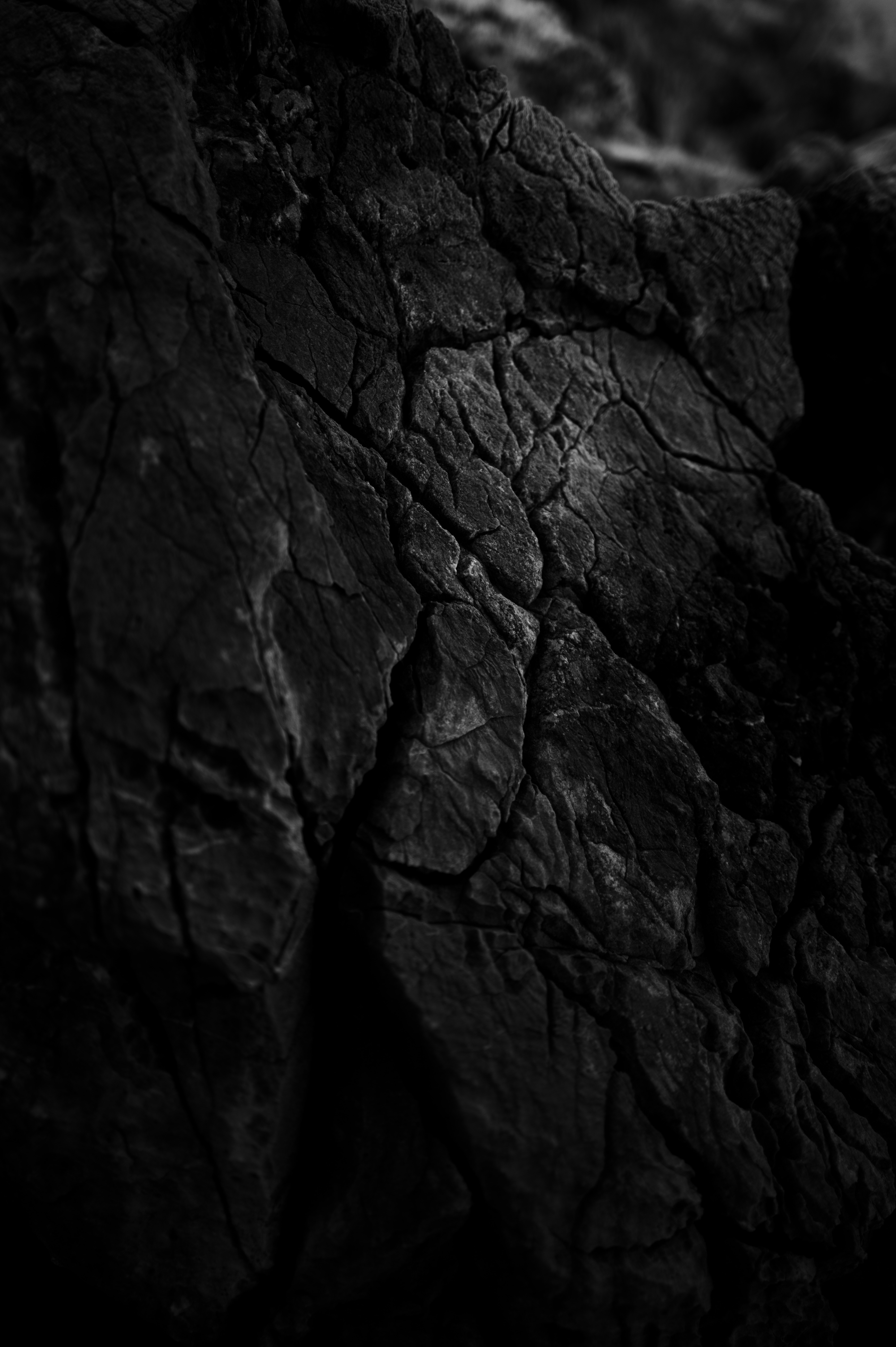 Dunkle, rissige Felsoberfläche mit filigranen Texturen.