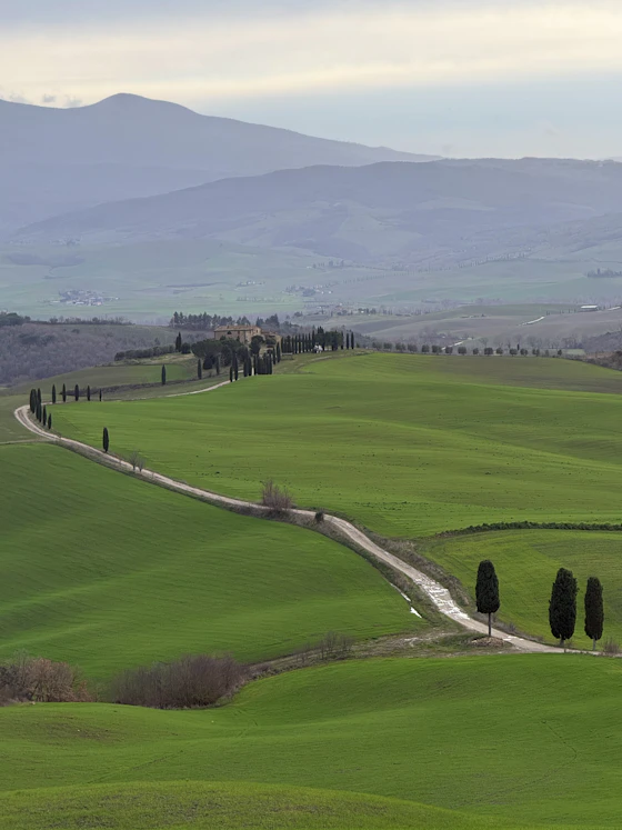 Estrada sinuosa entre colinas e ciprestes na Toscana