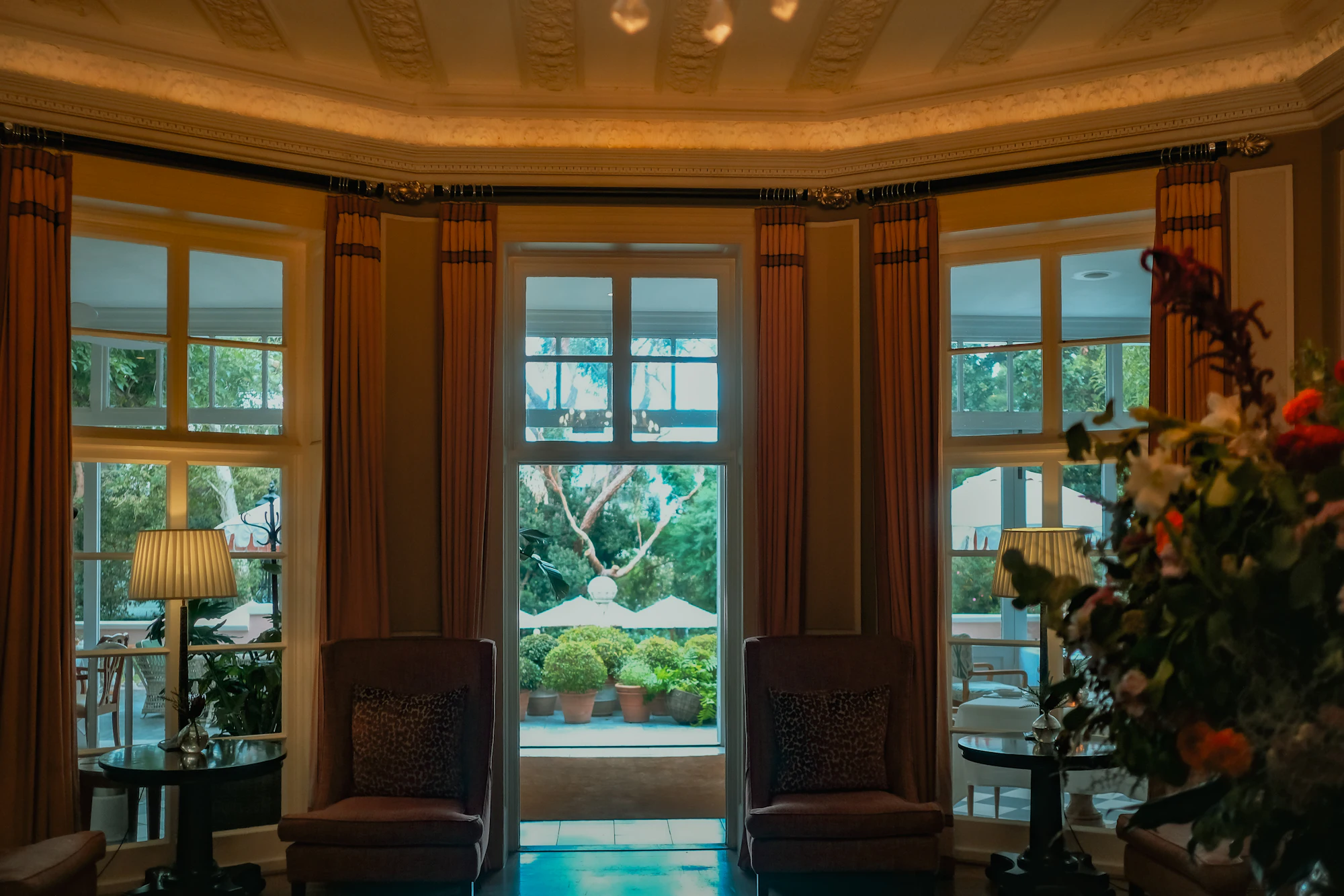 Hotel lounge with garden view