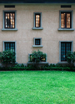 Building wall with windows and green grass