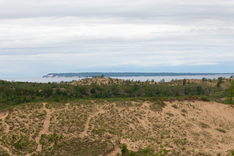 Sandy hills, forest and Lake Michigan at Sleeping Bear Dunes