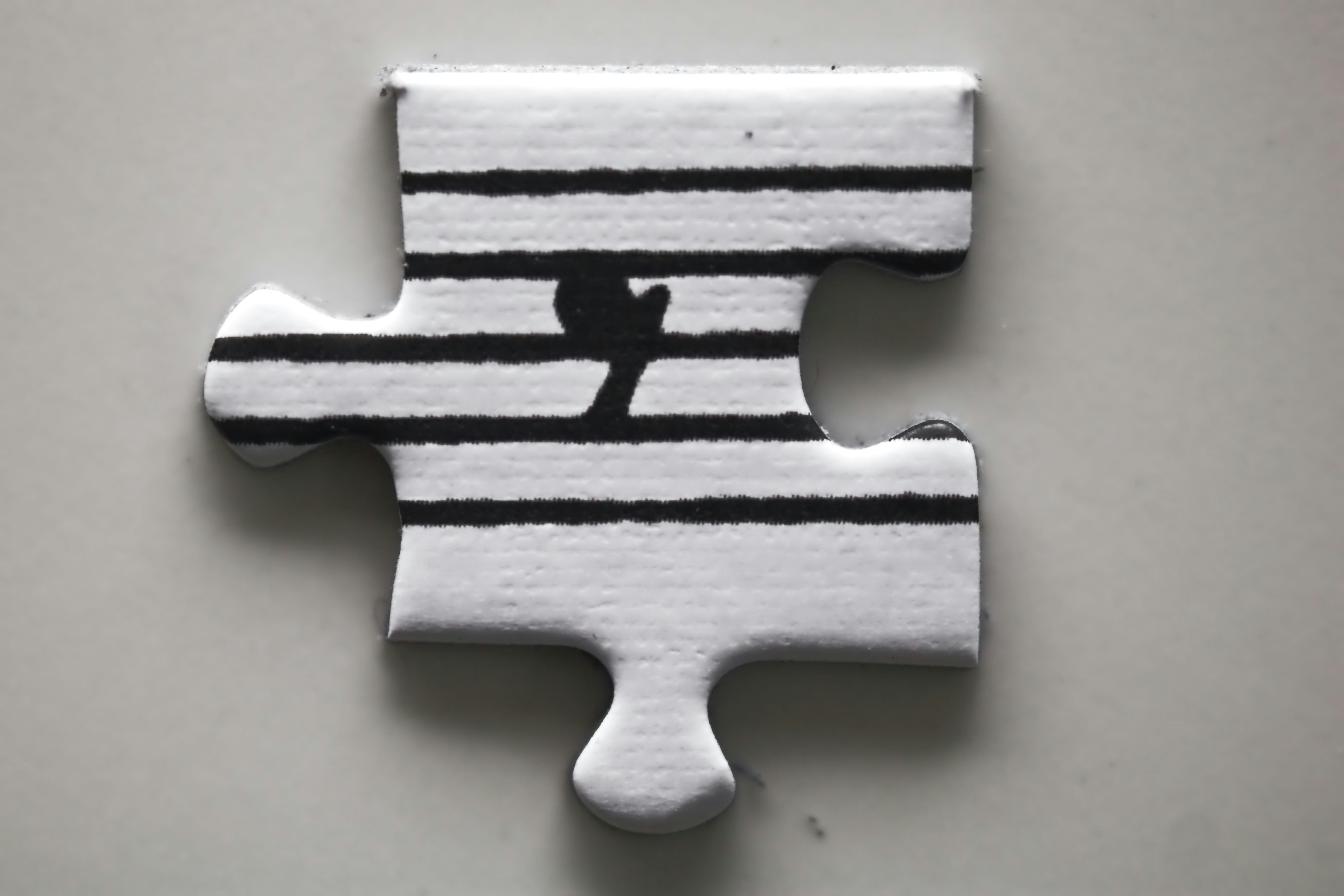 A white puzzle piece with black stripes and a silhouette