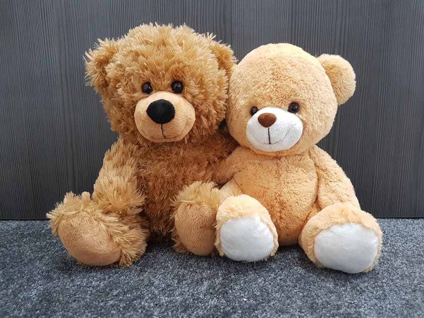 Two brown teddy bears sitting together on a gray surface.
