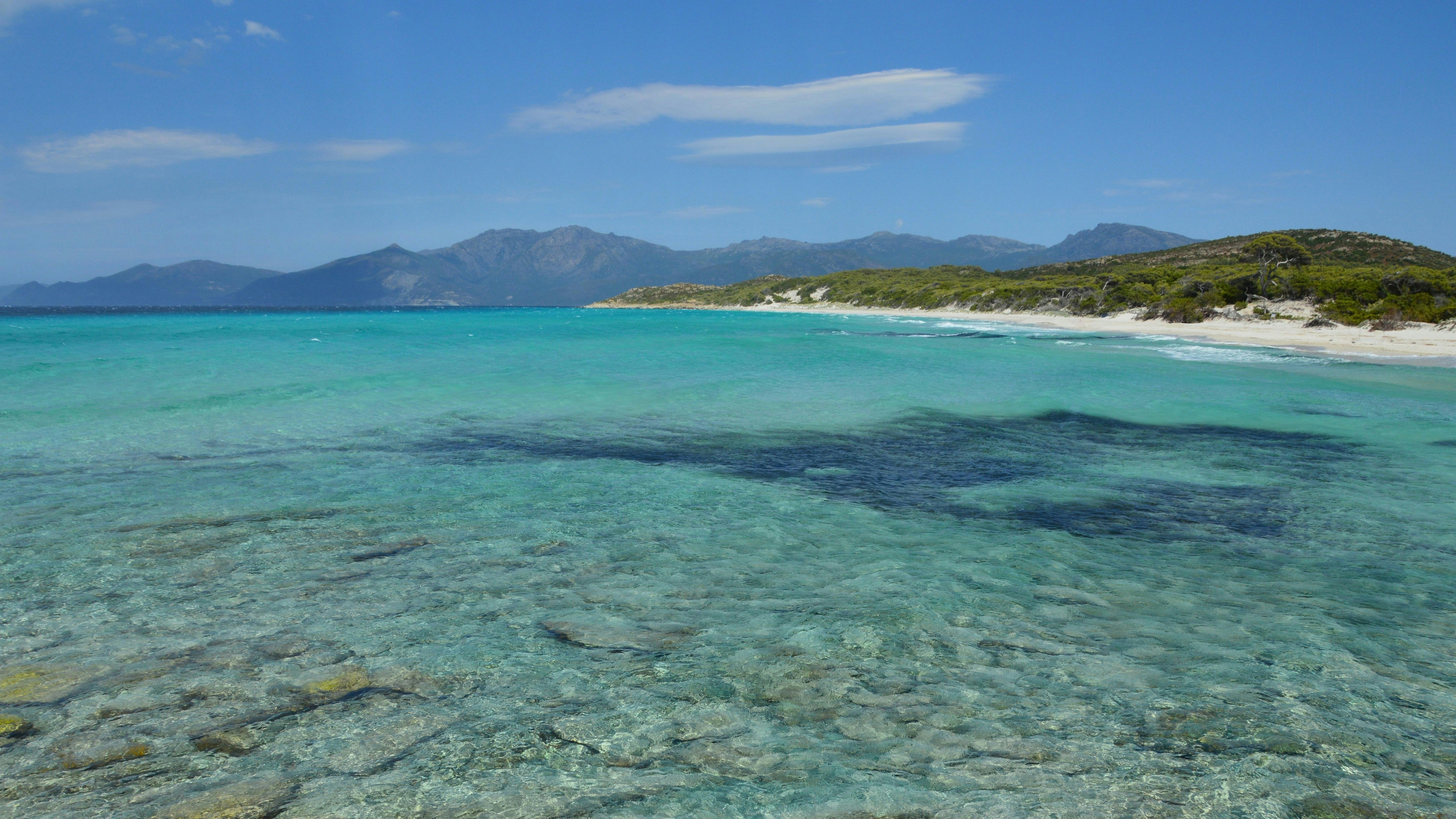Magnifique océan turquoise clair, plage de sable blanc et montagnes verdoyantes.